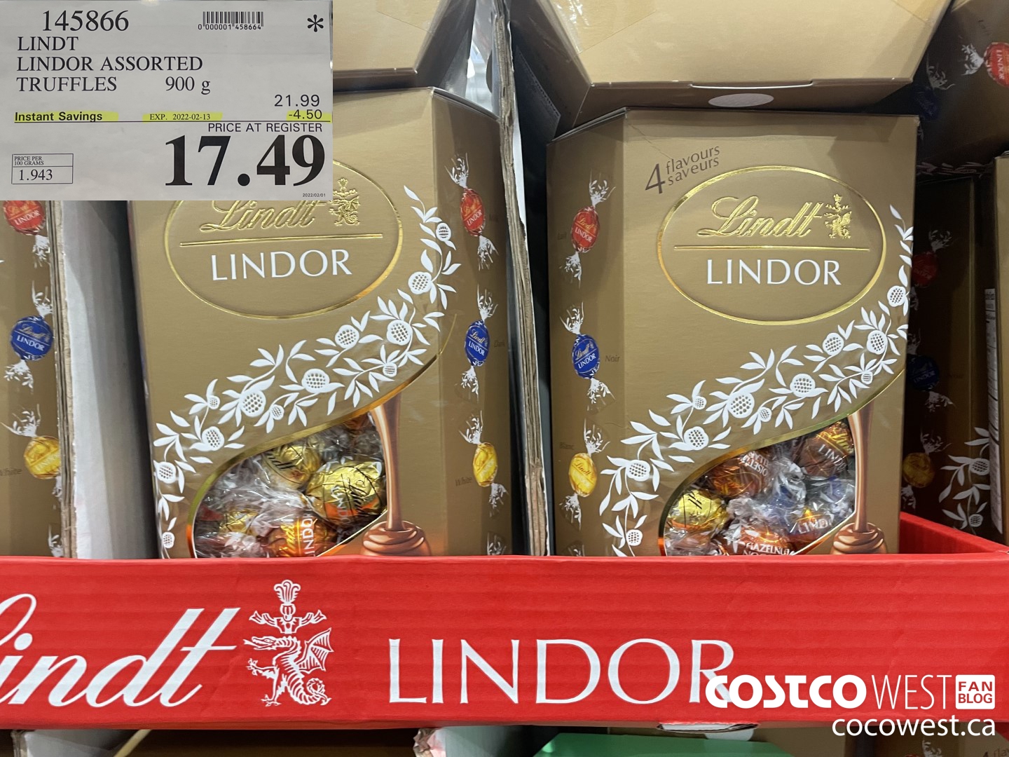 145866 LINDT LINDOR ASSORTED CORNET 900g ($4.50 INSTANT SAVINGS EXPIRES ON 2022-02-13) $17.49