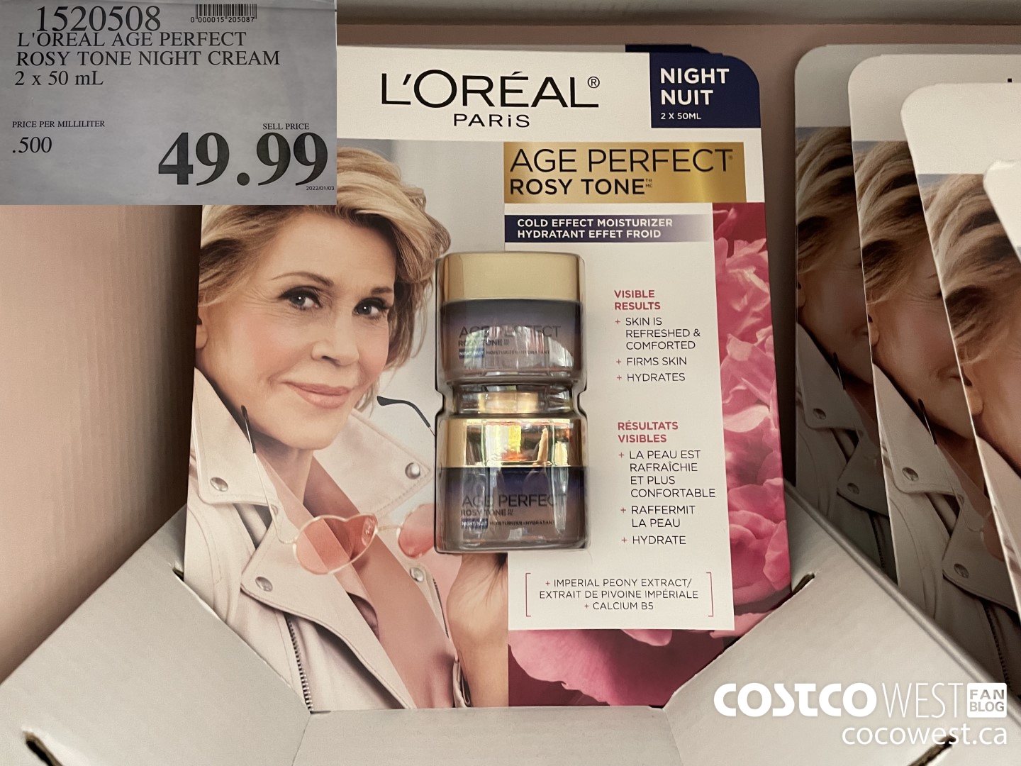 1520508 L'OREAL AGE PERFECT ROSY TONE NIGHT CREAM 2 x 50 mL $49.99