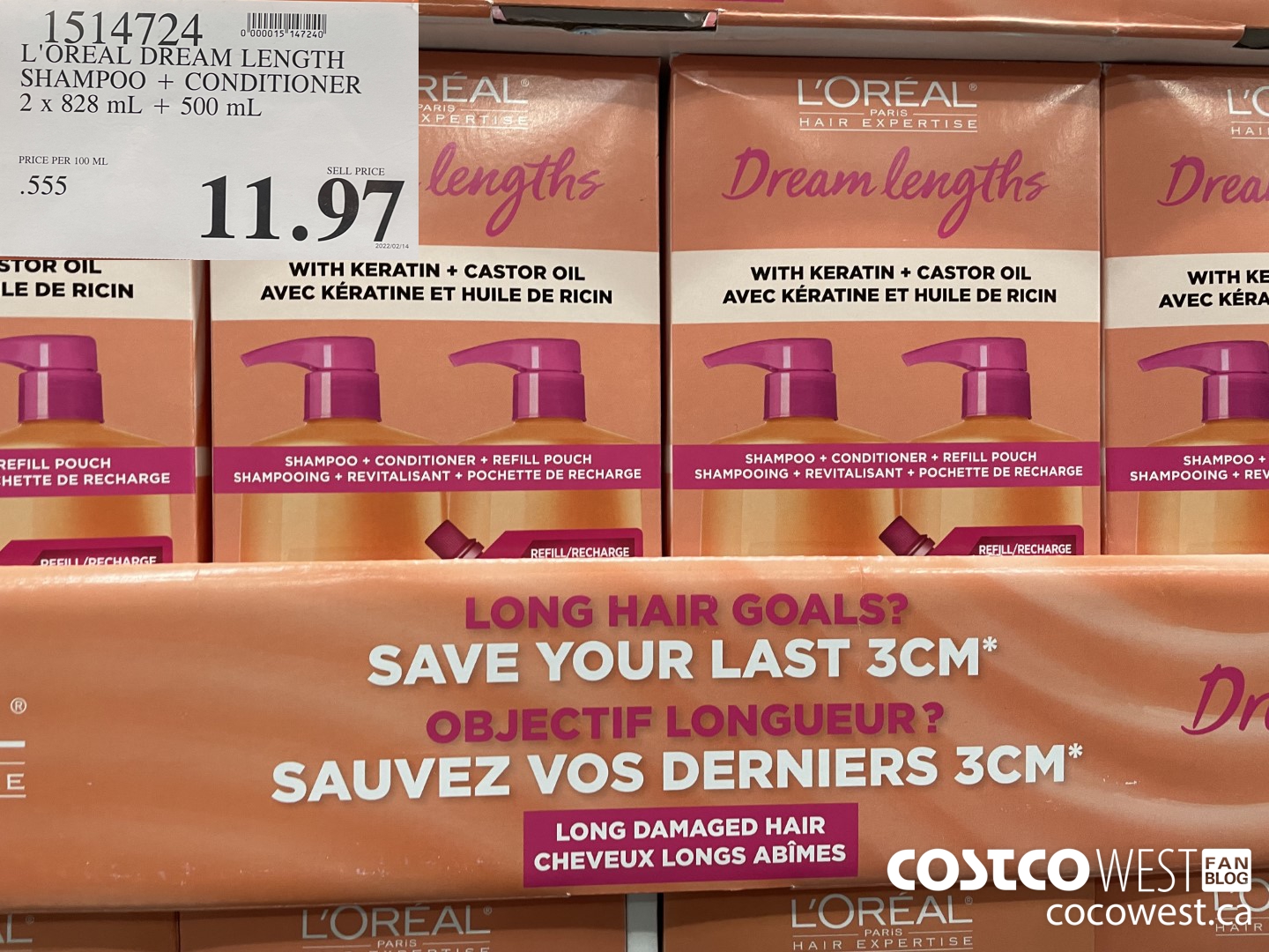 1514724 L'OREAL DREAM LENGTH SHAMPOO + CONDITIONER 2 x 828 mL + 500 mL $11.97