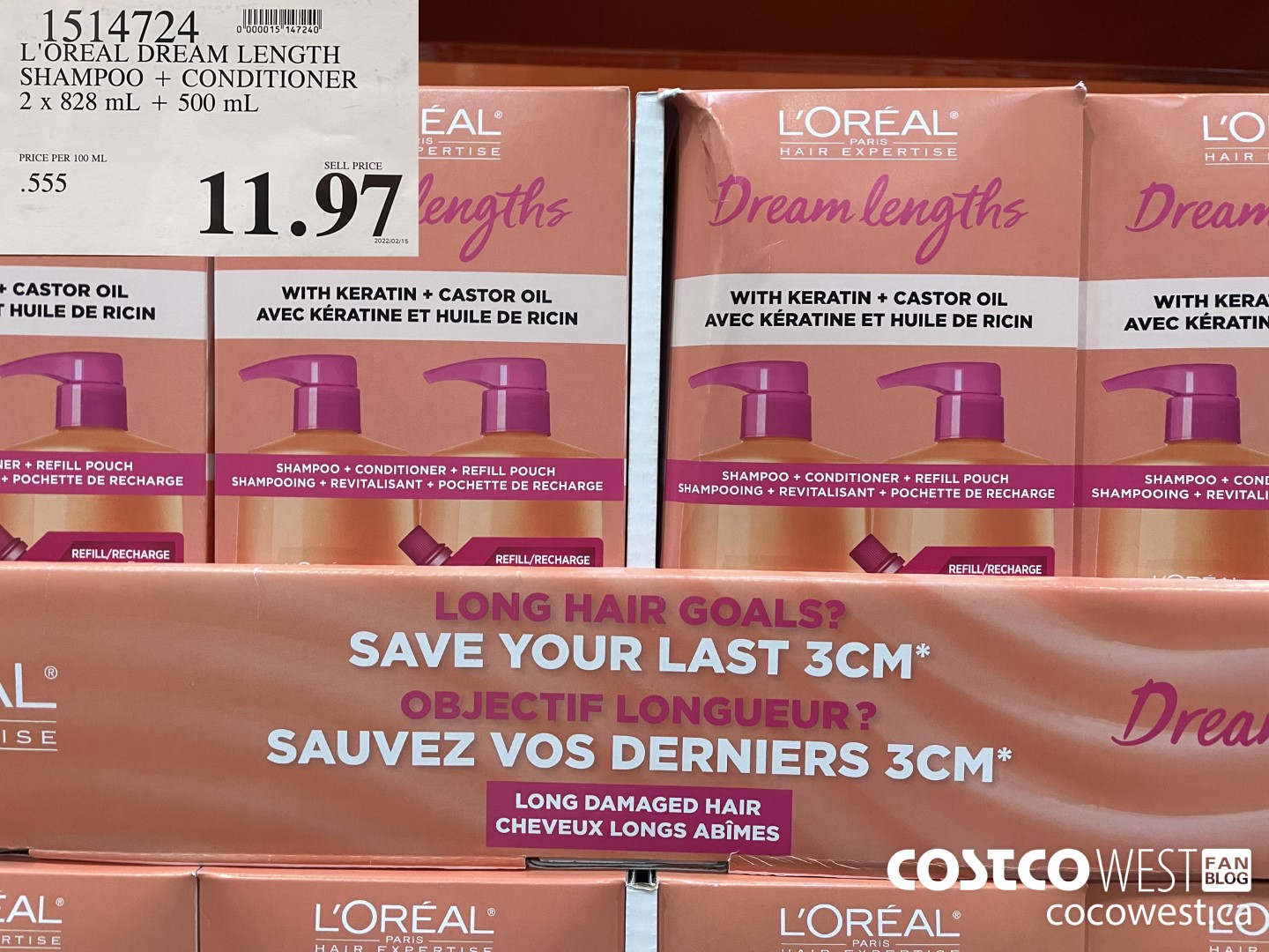 1514724 L'OREAL DREAM LENGTH SHAMPOO + CONDITIONER 2 x 828 mL + 500 mL $11.97