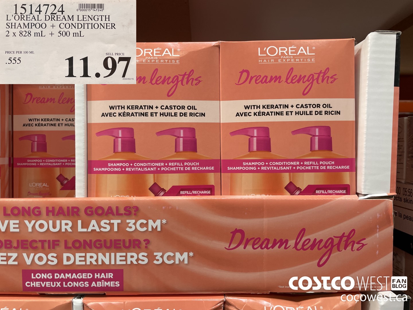 1514724 L'OREAL DREAM LENGTH SHAMPOO + CONDITIONER 2 x 828 mL + 500 mL $11.97