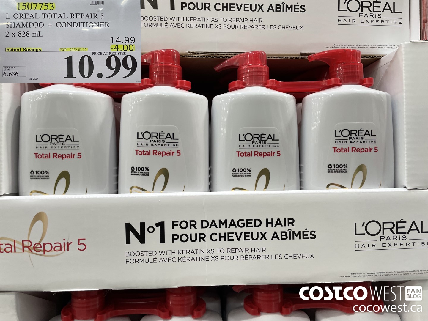 1507753 L'OREAL TOTAL REPAIR 5 SHAMPOO + CONDITIONER 2 x 828 mL ($4.00 INSTANT SAVINGS EXPIRES ON 2022-02-27) $10.99