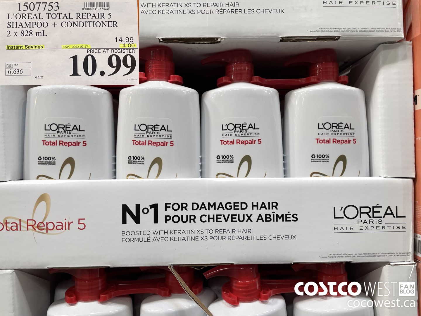 1507753 L'OREAL TOTAL REPAIR 5 SHAMPOO + CONDITIONER 2 x 828 mL ($4.00 INSTANT SAVINGS EXPIRES ON 2022-02-27) $10.99
