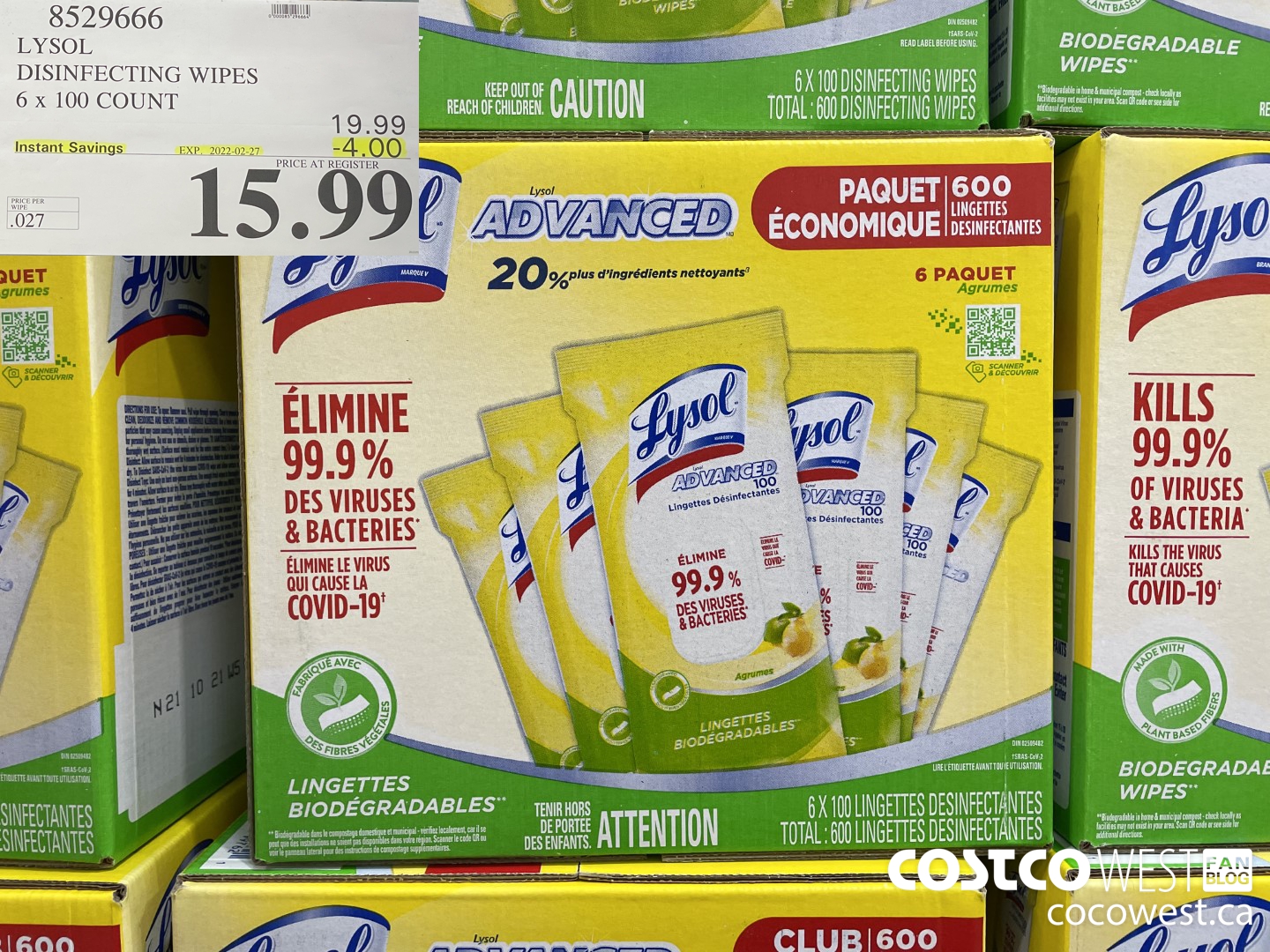 8529666 LYSOL DISINFECTING WIPES 6 x 100 COUNT ($4.00 INSTANT SAVINGS EXPIRES ON 2022-02-27) $15.99