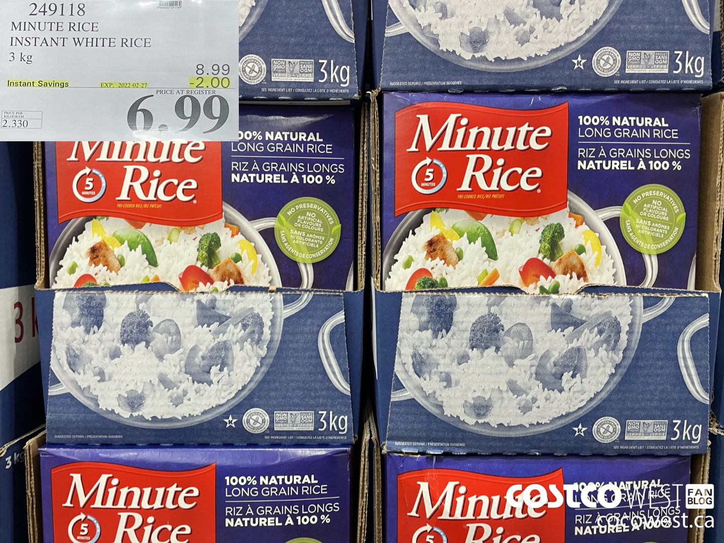 249118 MINUTE RICE INSTANT WHITE RICE 3 kg ($2.00 INSTANT SAVINGS EXPIRES ON 2022-02-27) $6.99