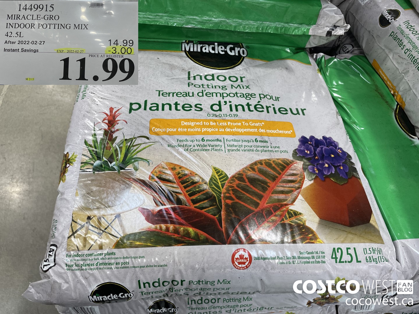 1449915 MIRACLE-GRO INDOOR POTTING MIX 42.5L ($3.00 INSTANT SAVINGS EXPIRES ON 2022-02-27) $11.99