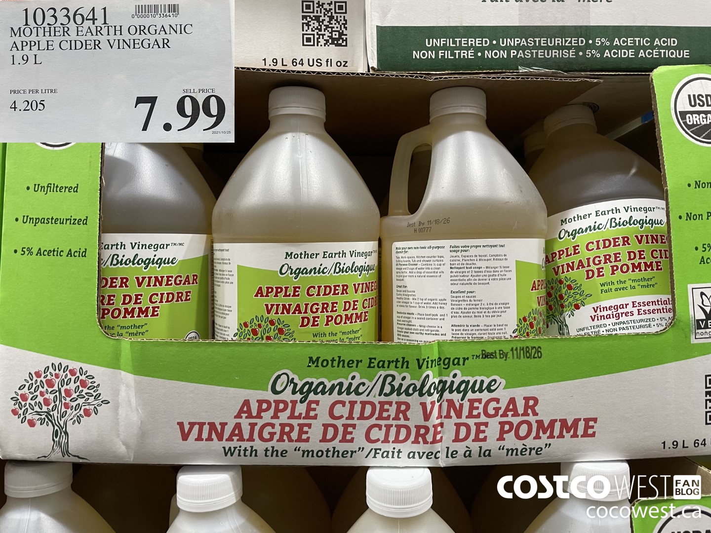 1033641 MOTHER EARTH ORGANIC APPLE CIDER VINEGAR 1.9L $7.99