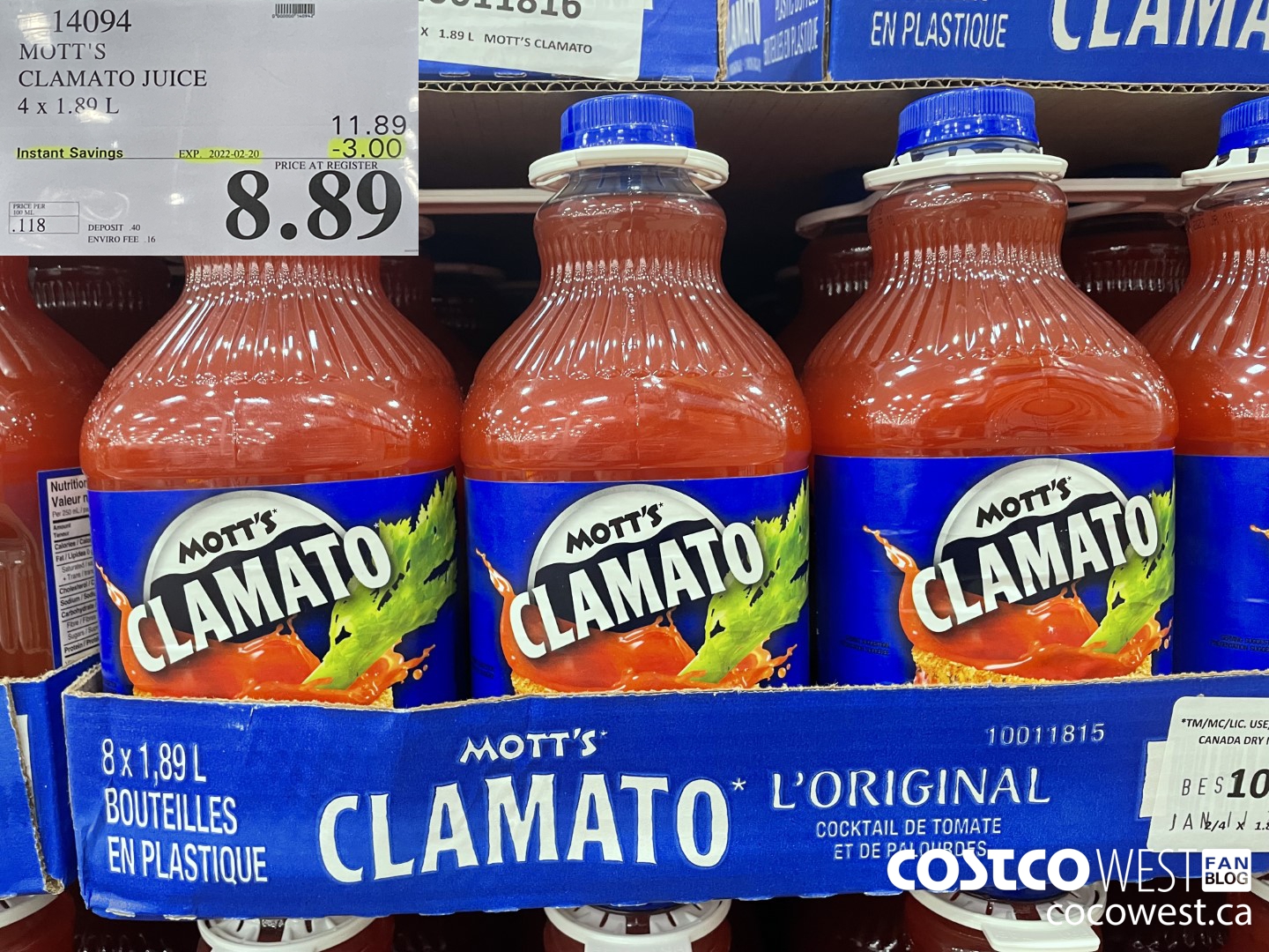 14094 MOTT'S CLAMATO JUICE 4 x 1.89L ($3.00 INSTANT SAVINGS EXPIRES ON 2022-02-20) $8.89