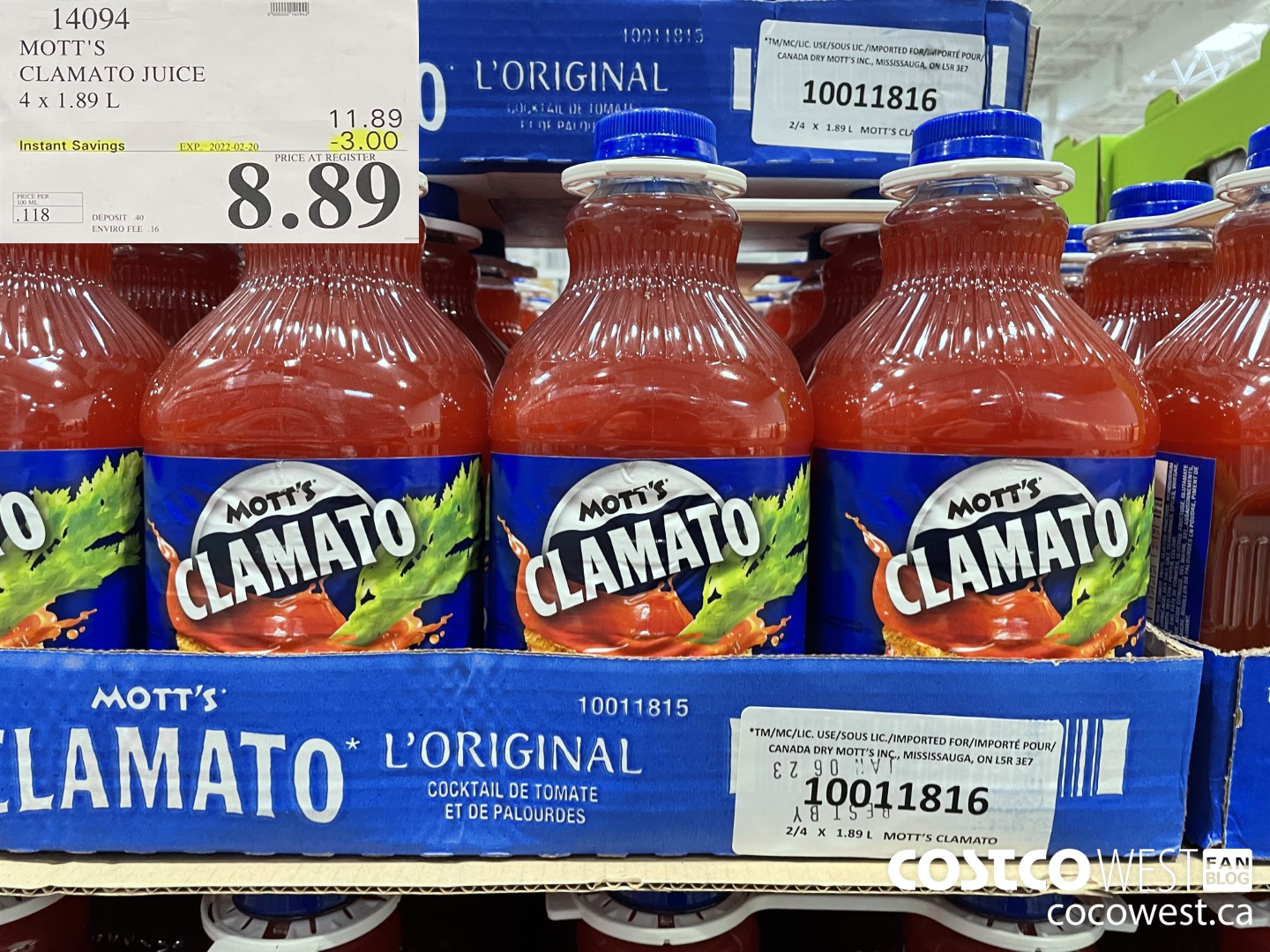 14094 MOTT'S CLAMATO JUICE 4 x 1.89L ($3.00 INSTANT SAVINGS EXPIRES ON 2022-02-20) $8.89