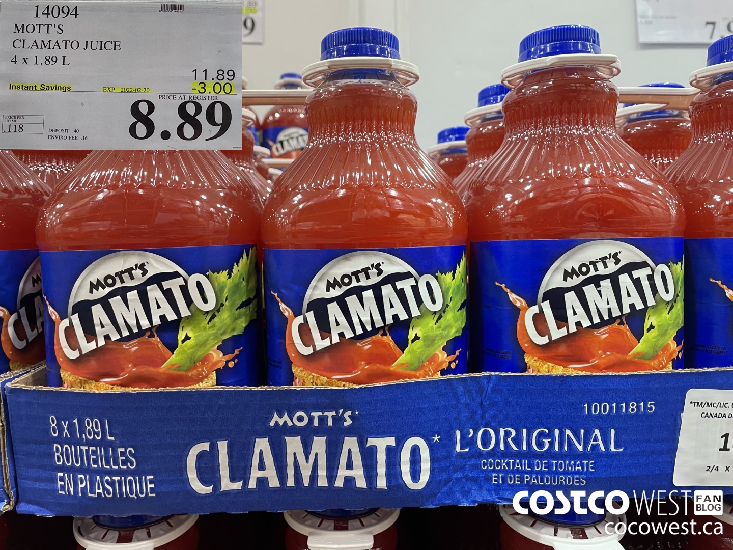 14094 MOTT'S CLAMATO JUICE 4 x 1.89L ($3.00 INSTANT SAVINGS EXPIRES ON 2022-02-20) $8.89