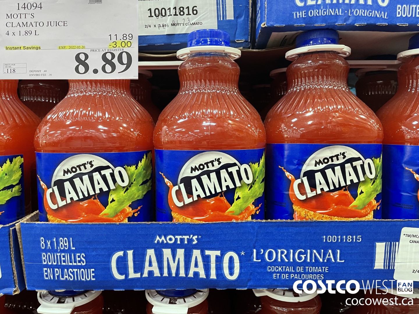 14094 MOTT'S CLAMATO JUICE 4 x 1.89L ($3.00 INSTANT SAVINGS EXPIRES ON 2022-02-20) $8.89