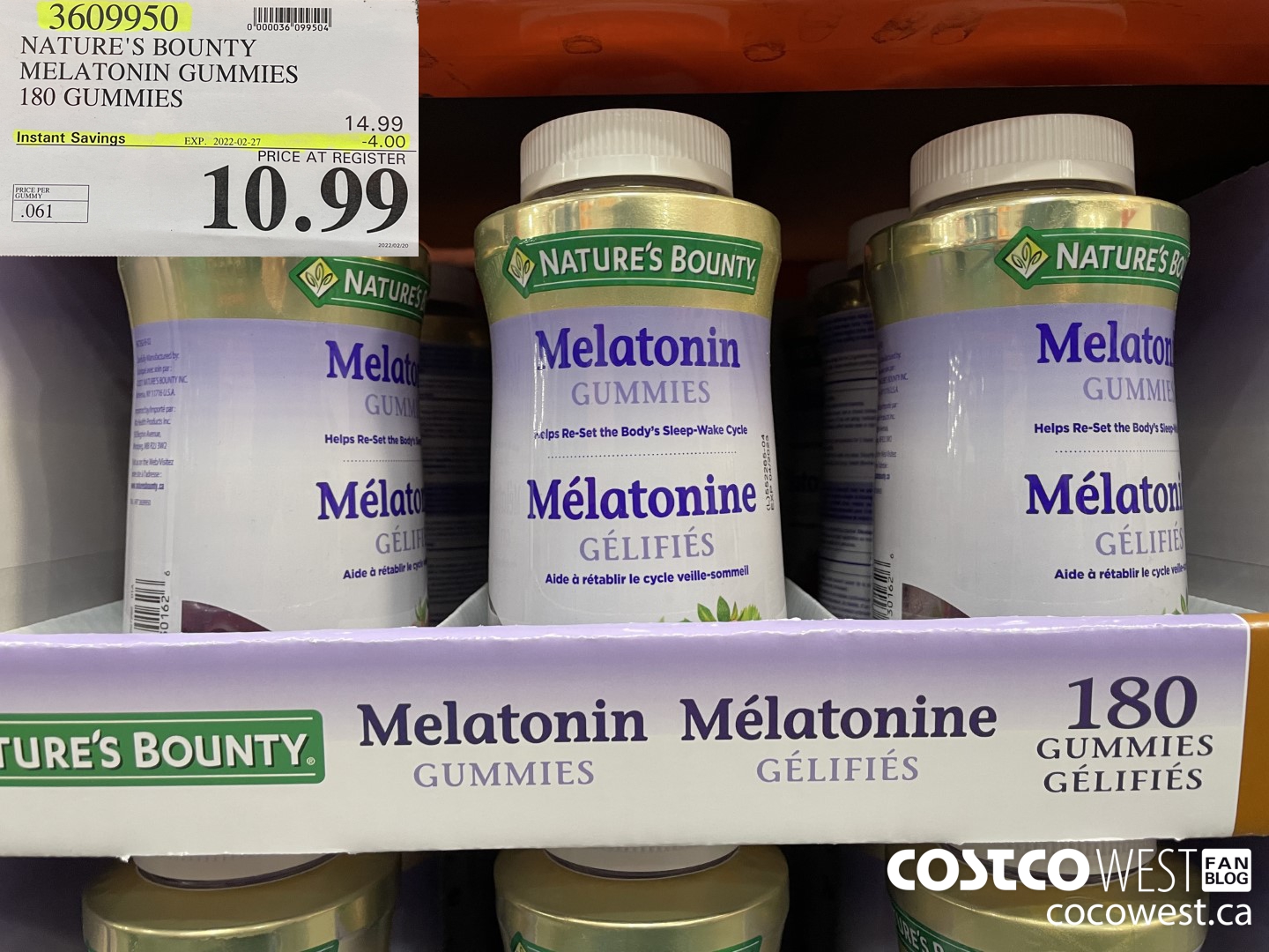 3609950 NATURE'S BOUNTY MELATONIN GUMMIES 180 GUMMIES ($4.00 INSTANT SAVINGS EXPIRES ON 2022-02-27) $10.99