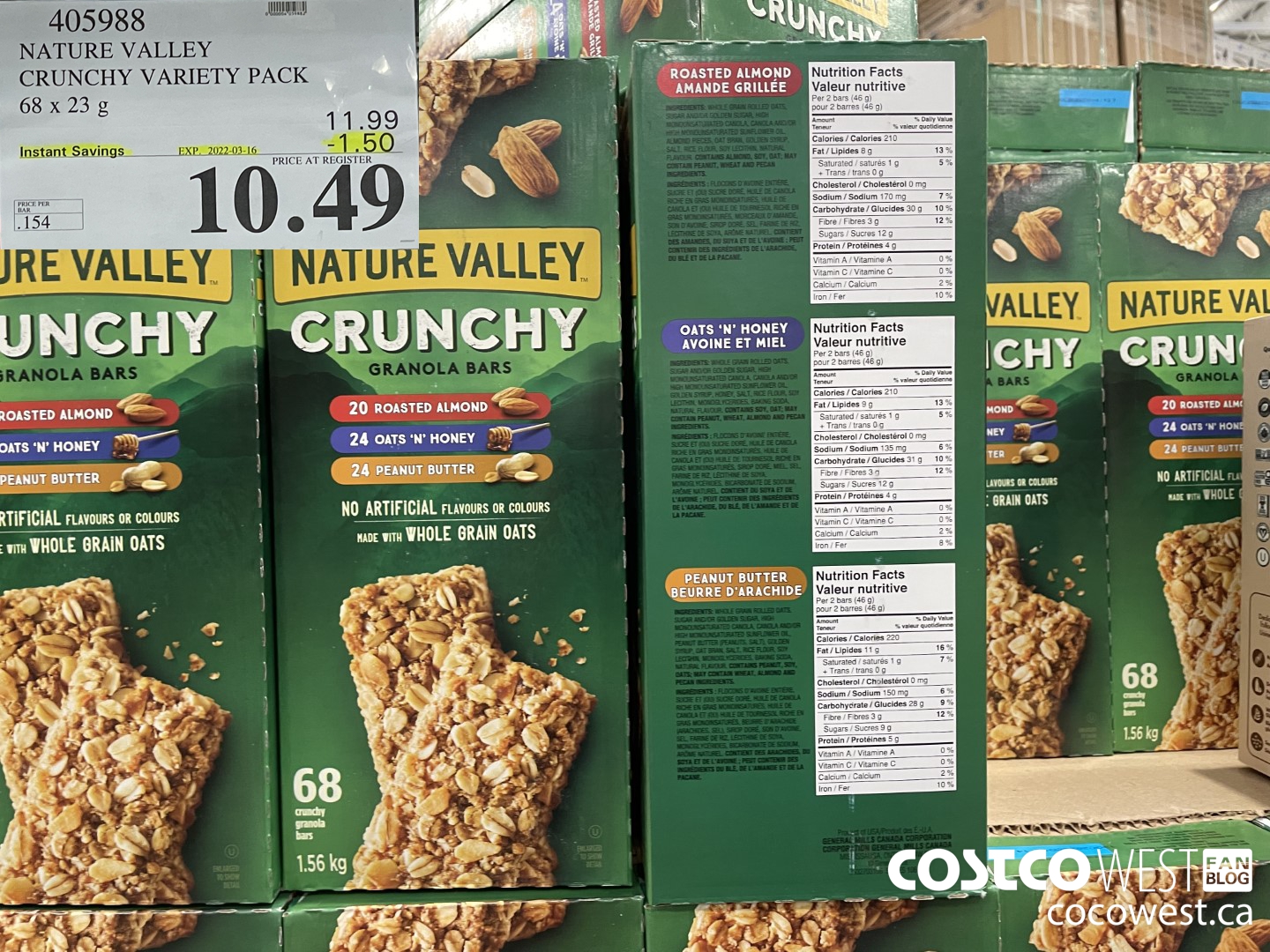 405988 NATURE VALLEY CRUNCHY VARIETY PACK PACK OF 68 ($1.50 INSTANT SAVINGS EXPIRES ON 2022-03-16) $10.49