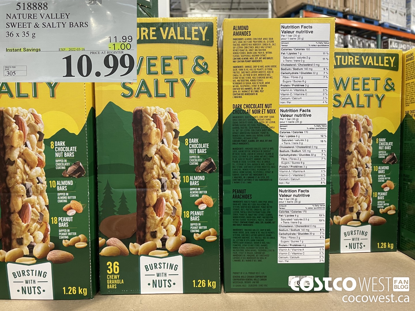 518888 NATURE VALLEY SWEET & SALTY BARS 36 X 35 G ($1.00 INSTANT SAVINGS EXPIRES ON 2022-03-16) $10.99