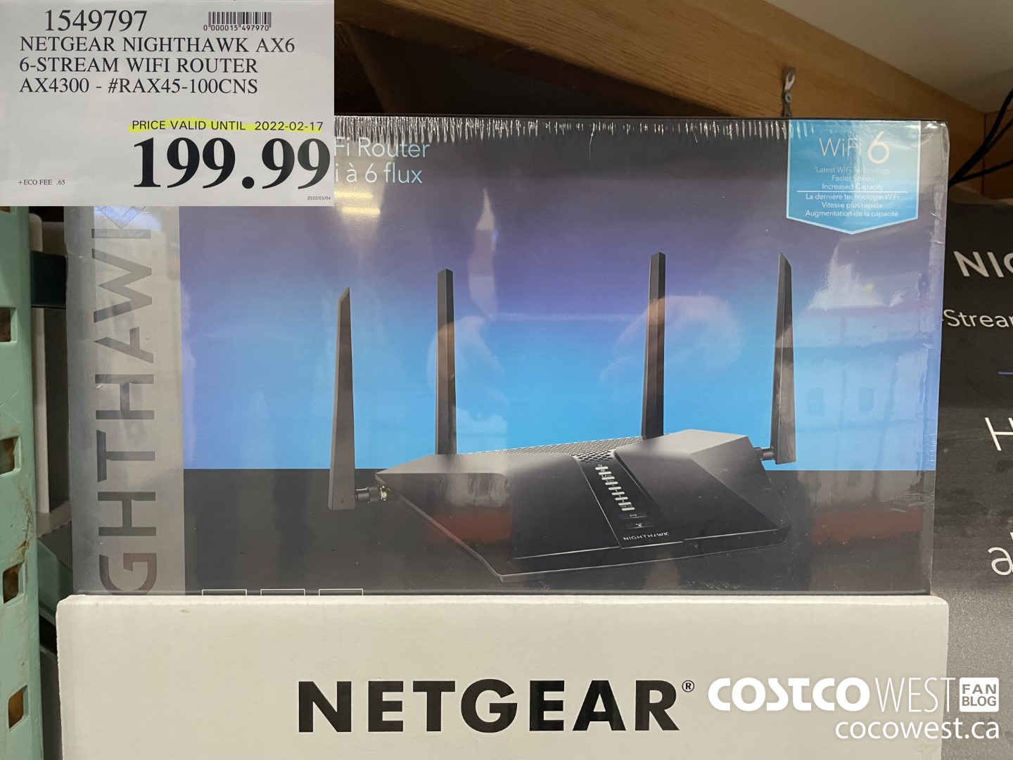 1549797 NETGEAR NIGHTHAWK AX6 6 STREAM WIFI ROUTER AX4300 - #RAX45- 100CNS (EXPIRES ON 2022-02-17) $199.99