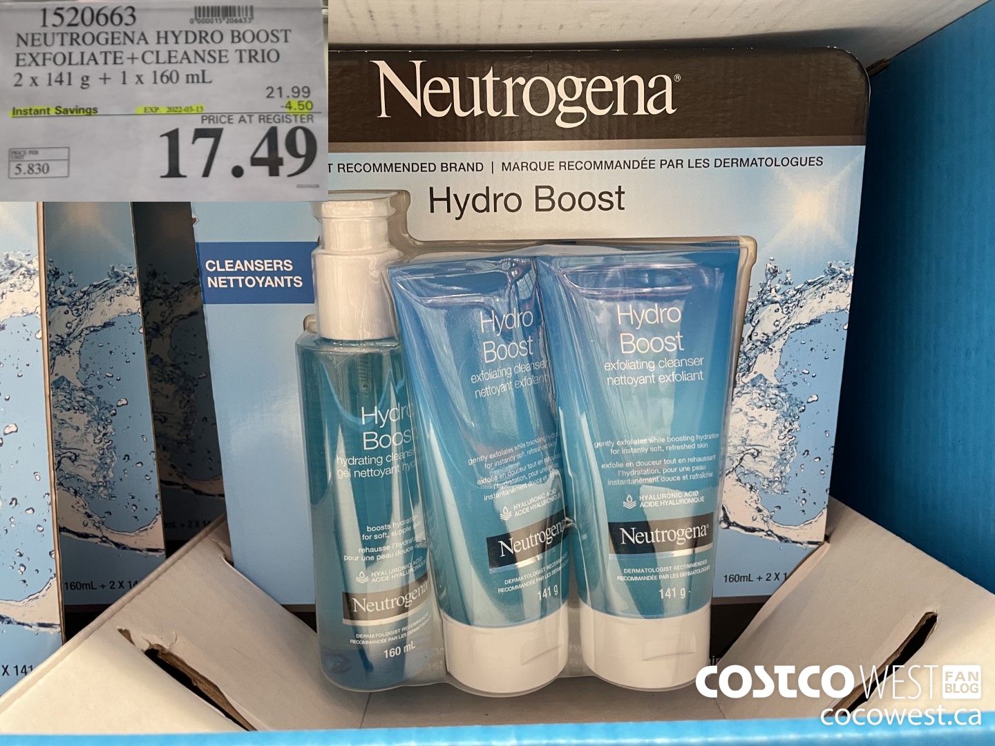 1520663 NEUTROGENA HYDRO BOOST EXFOLIATE+CLEANSE TRIO 2 x 141 g + 1 x 160 mL ($4.50 INSTANT SAVINGS EXPIRES ON 2022-03-13) $17.49
