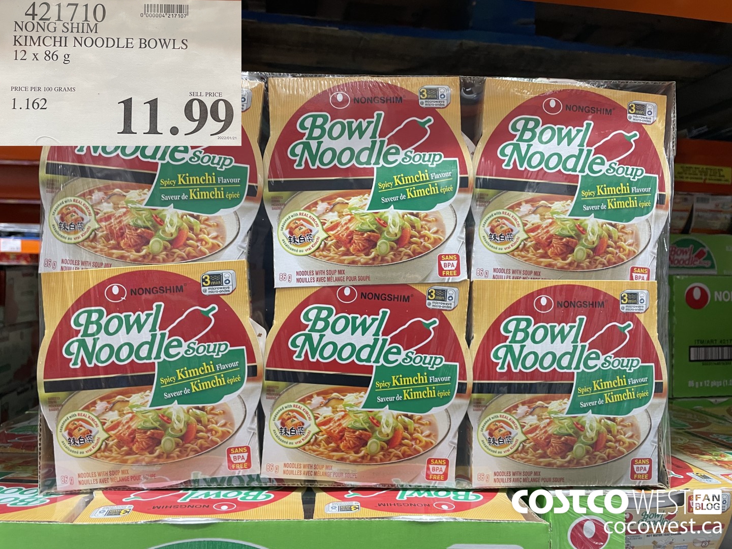 421710 NONG SHIM KIMCHI NOODLE BOWLS 12 x 86g $11.99