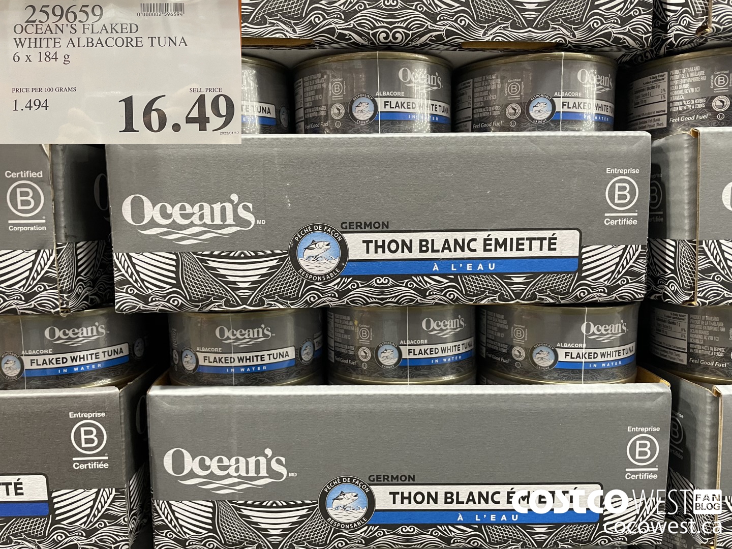 259659 OCEAN'S FLAKED WHITE ALBACORE TUNA 6 x 184 g $16.49