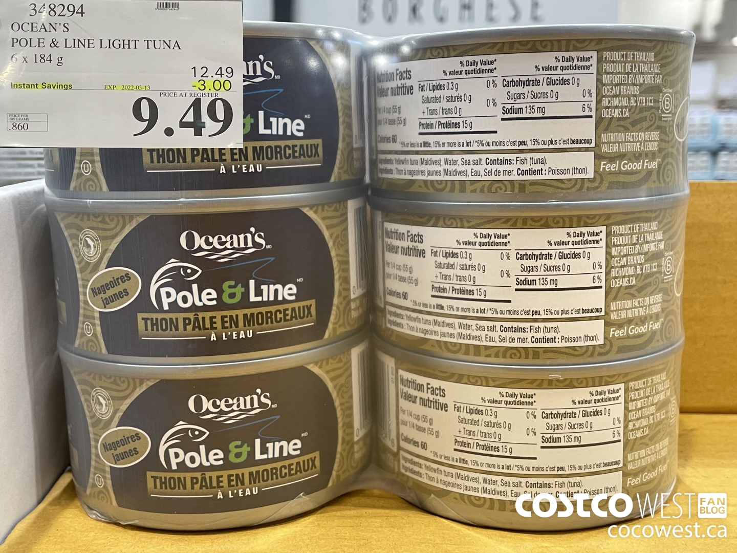 348294 OCEAN'S POLE & LINE LIGHT TUNA 6 x 184 g ($3.00 INSTANT SAVINGS EXPIRES ON 2022-03-13) $9.49