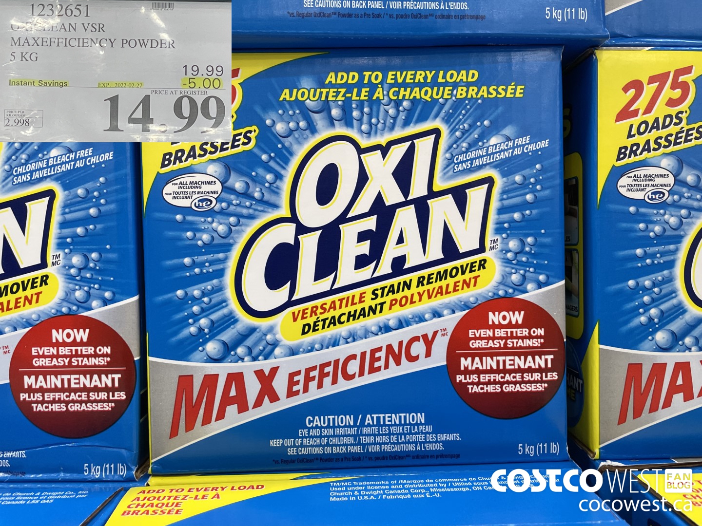 1232651 OXICLEAN VSR MAXEFFICIENCY POWDER 5 KG ($5.00 INSTANT SAVINGS EXPIRES ON 2022-02-27) $14.99