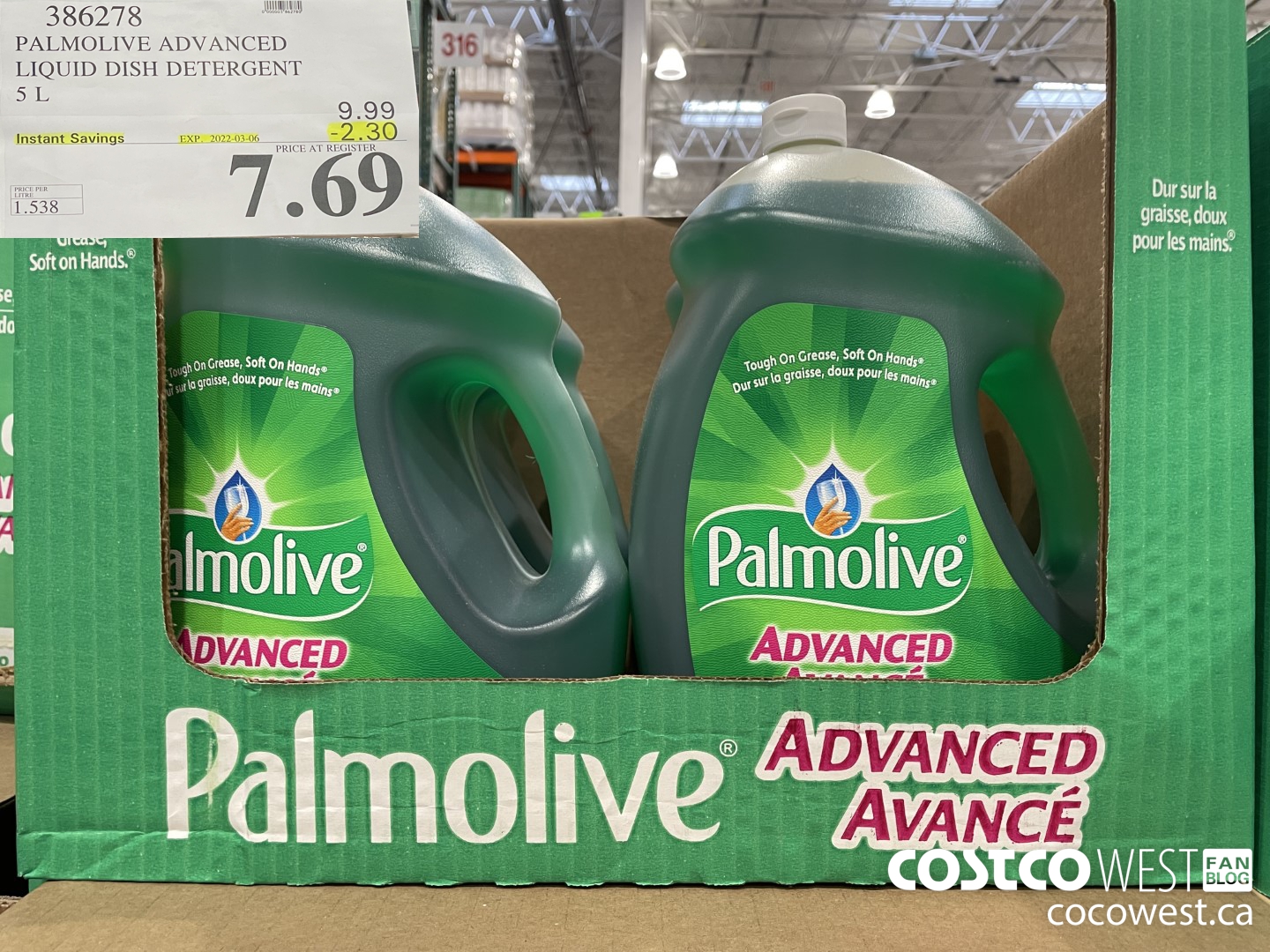 386278 PALMOLIVE ADVANCED LIQUID DISH DETERGENT 5L ($2.30 INSTANT SAVINGS EXPIRES ON 2022-03-06) $7.69