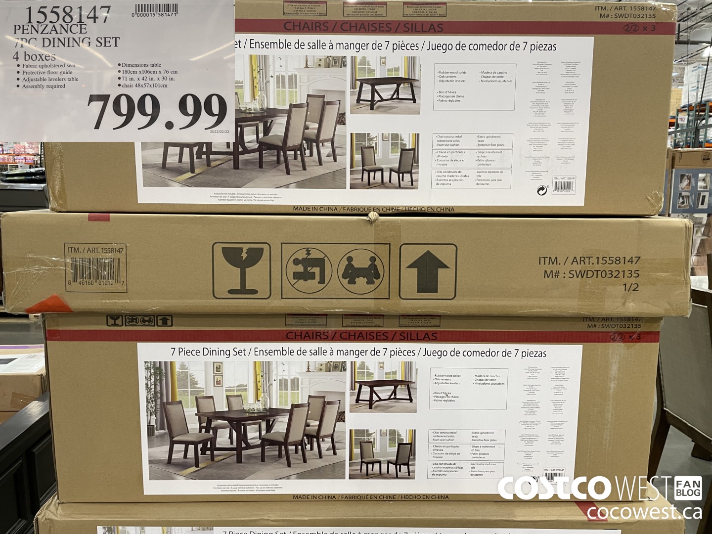 1558147 PENZANCE 7PC DINING SET 4 boxes $799.99