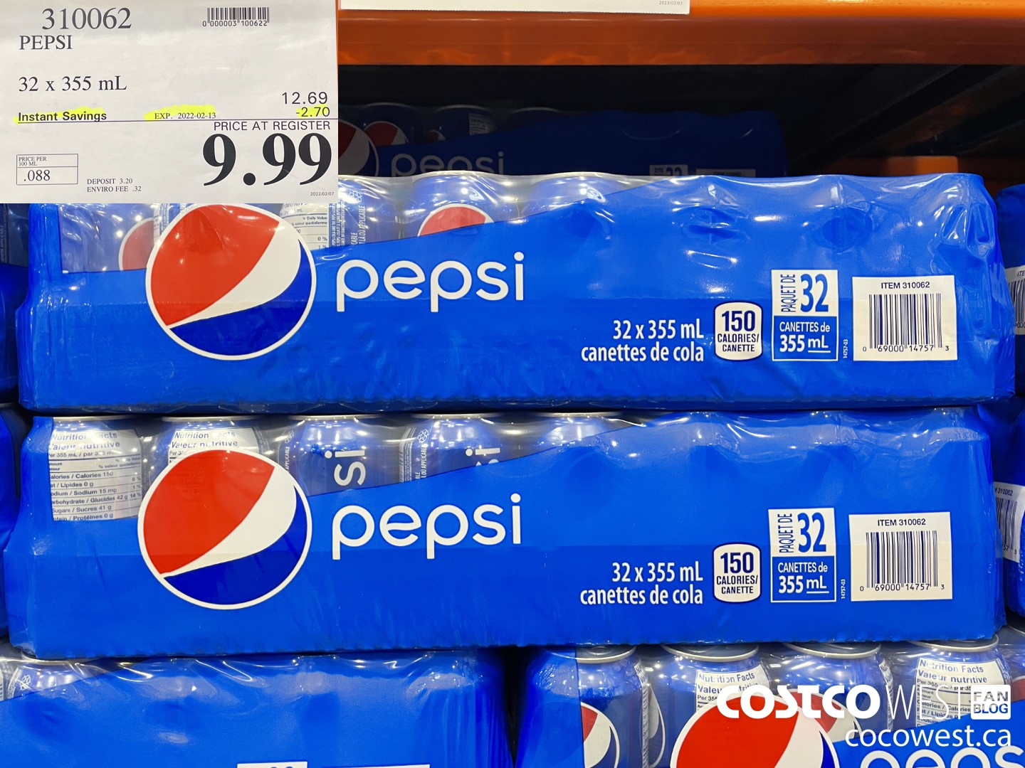 310062 PEPSI 32 x 355mL ($2.70 INSTANT SAVINGS EXPIRES ON 2022-02-13) $9.99