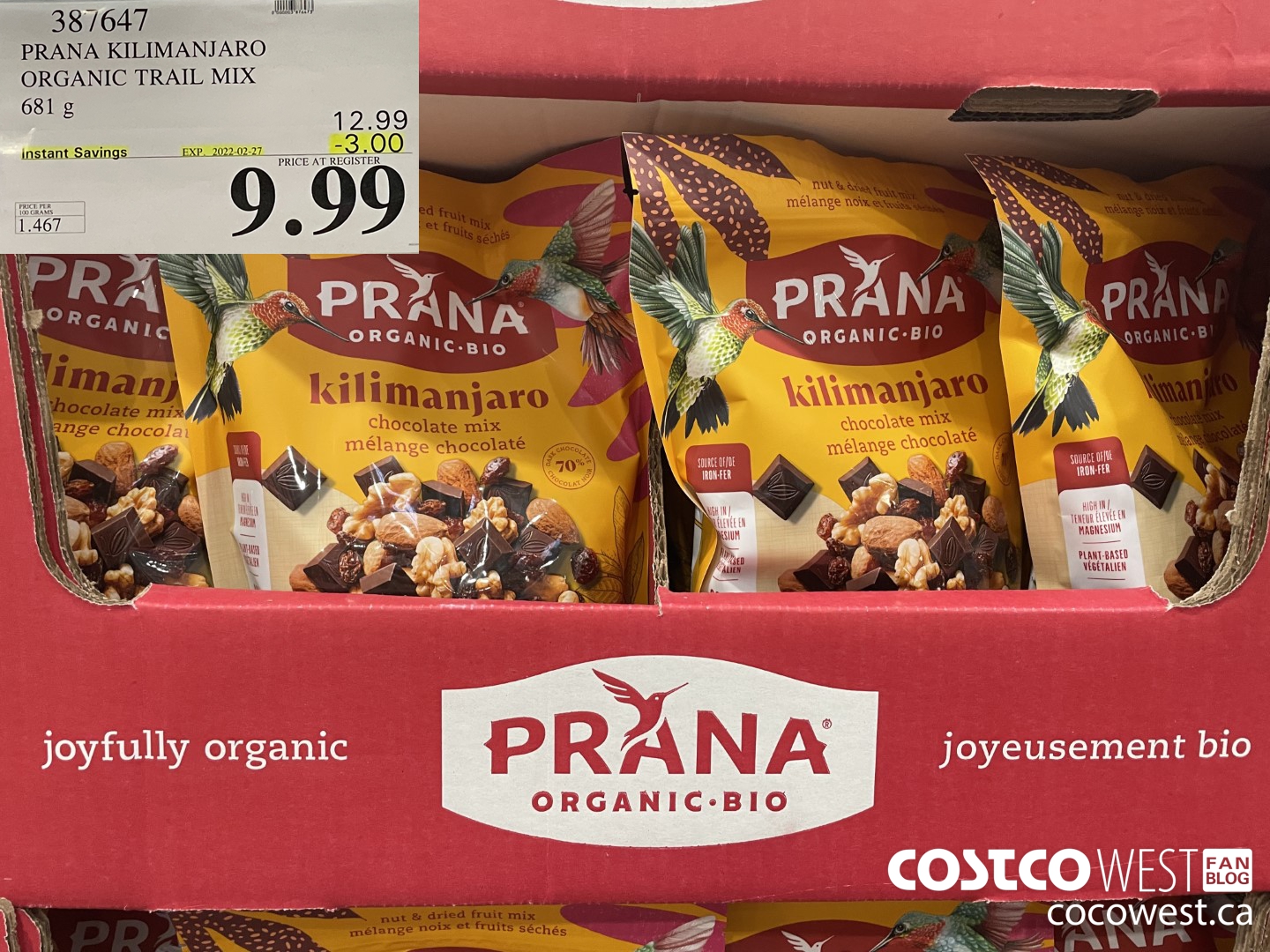 387647 PRANA KILIMANJARO ORGANIC TRAIL MIX 681 g ($3.00 INSTANT SAVINGS EXPIRES ON 2022-02-27) $9.99