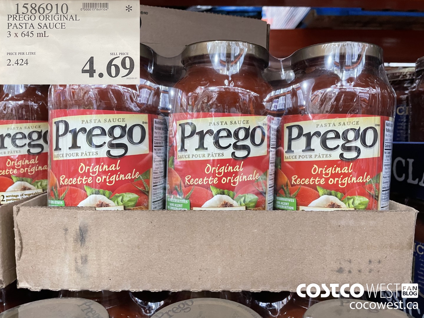 1586910 PREGO ORIGINAL PASTA SAUCE 3 x 645 mL $4.69