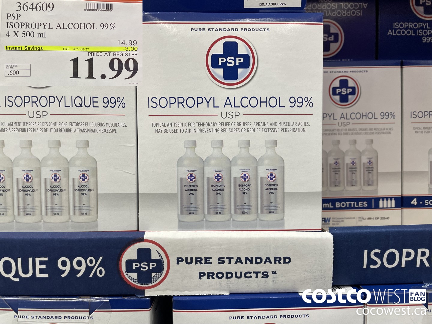 364609 PSP ISOPROPYL ALCOHOL 99% 4 X 500 ml ($3.00 INSTANT SAVINGS EXPIRES ON 2022-02-27) $11.99