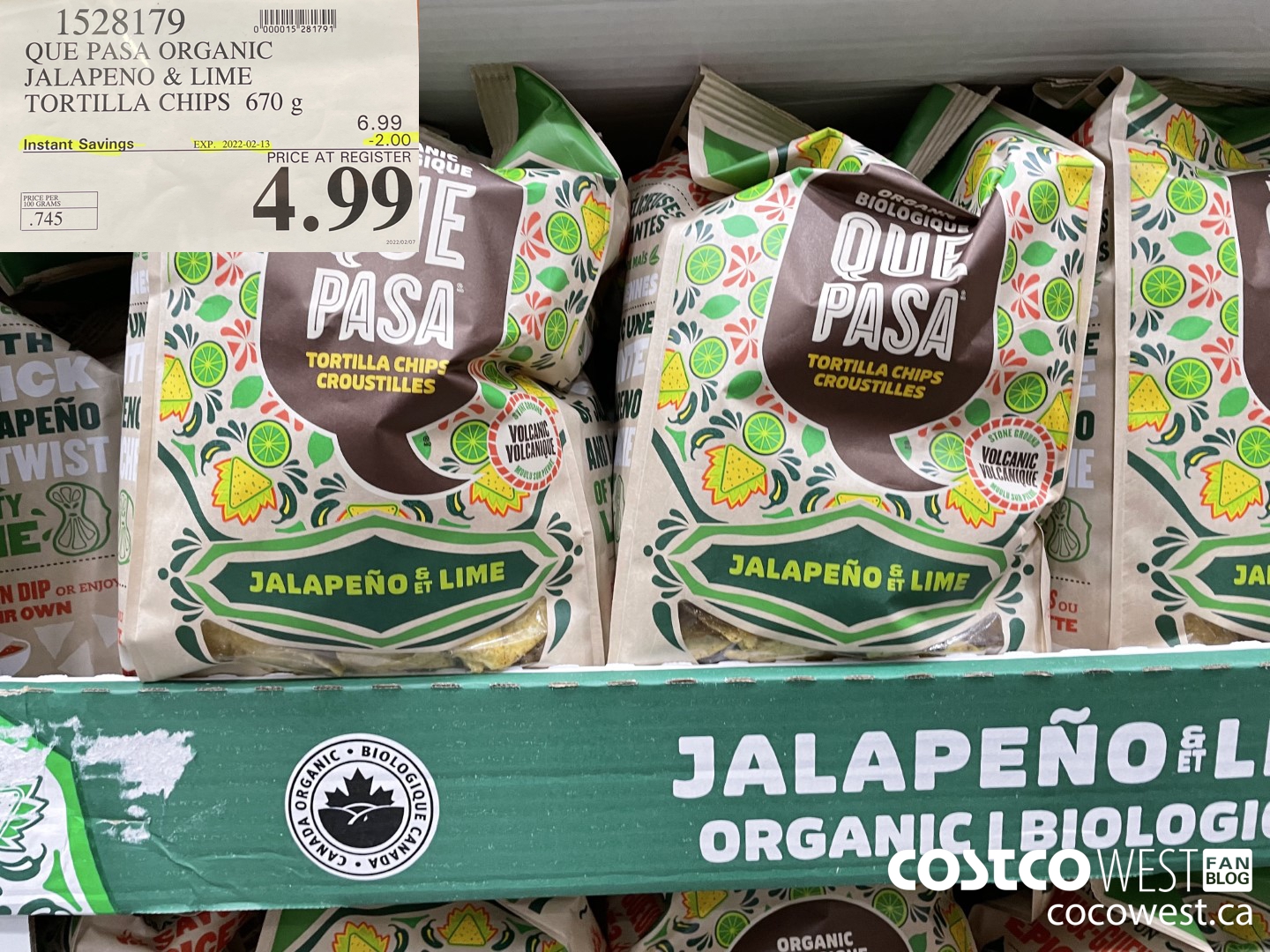1528179 QUE PASA ORGANIC JALAPENO & LIME TORTILLA CHIPS 670G ($2.00 INSTANT SAVINGS EXPIRES ON 2022-02-13) $4.99