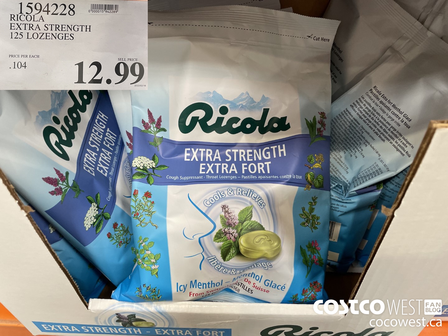 1594228 RICOLA EXTRA STRENGTH 125 LOZENGES $12.99