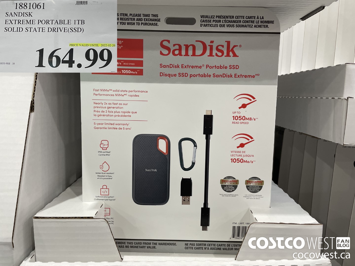 1881061 SANDISK EXTREME PORTABLE ITB SOLID STATE DRIVE(SSD)  (EXPIRES ON 2022-02-26) $164.99