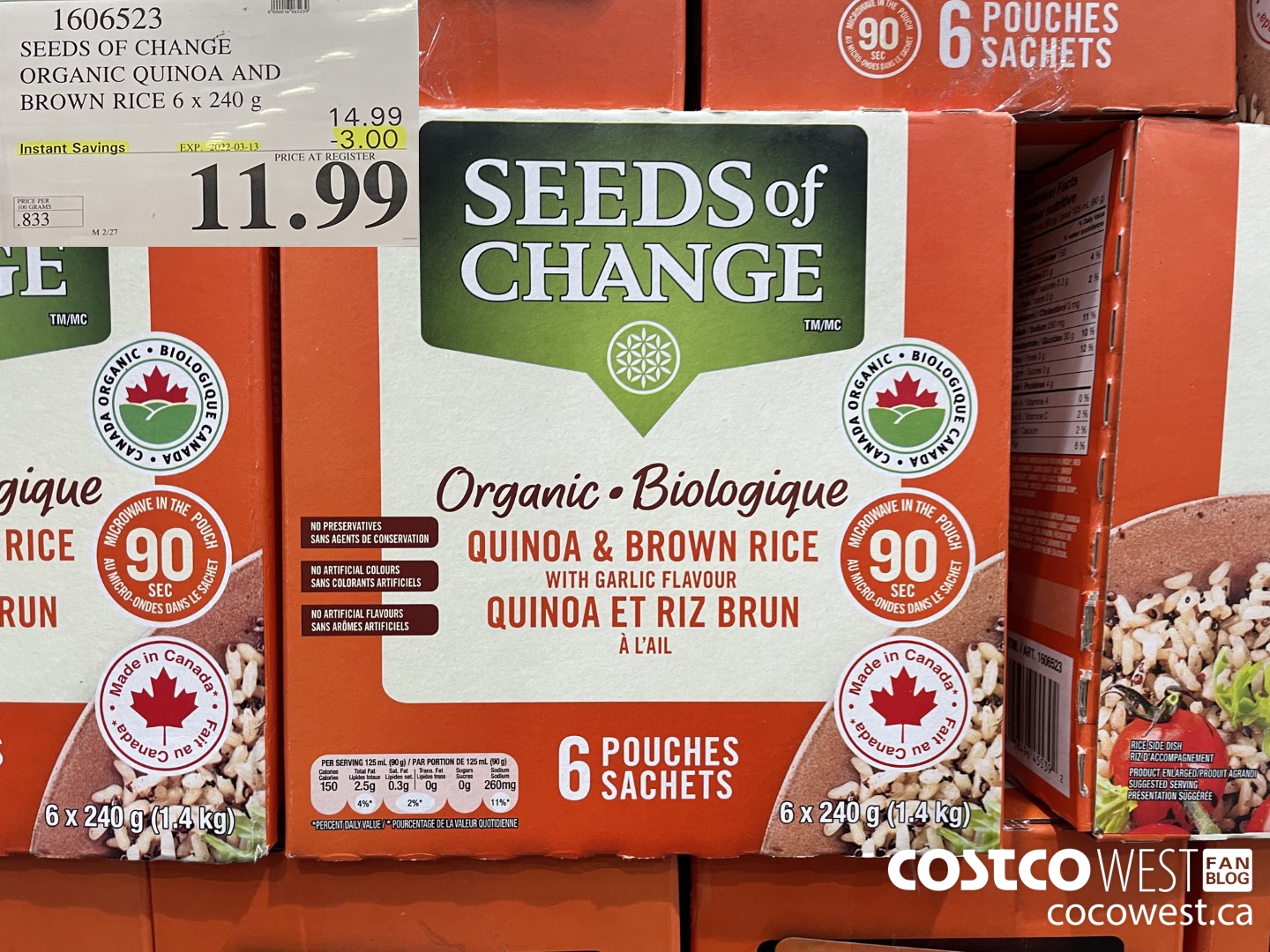 1606523 SEEDS OF CHANGE ORGANIC QUINOA AND BROWN RICE 6 x 240 g ($3.00 INSTANT SAVINGS EXPIRES ON 2022-03-13) $11.99