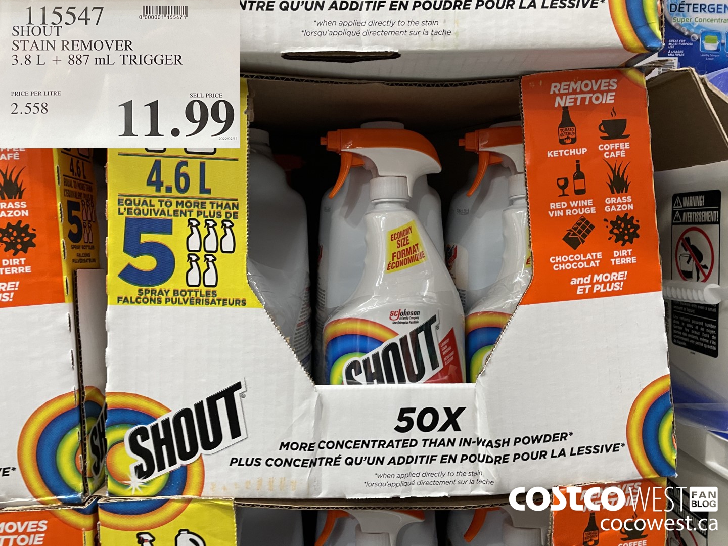 115547 SHOUT STAIN REMOVER 3.8 L + 887 mL TRIGGER $11.99