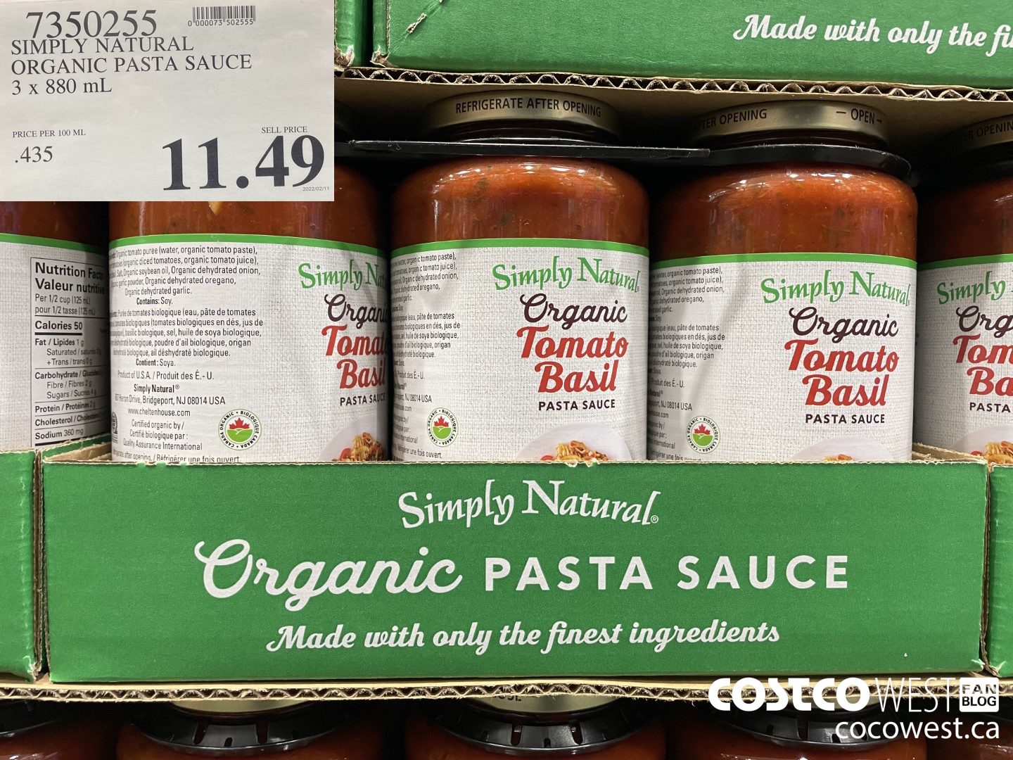 7350255 SIMPLY NATURAL ORGANIC PASTA SAUCE 3 x 880 mL $11.49