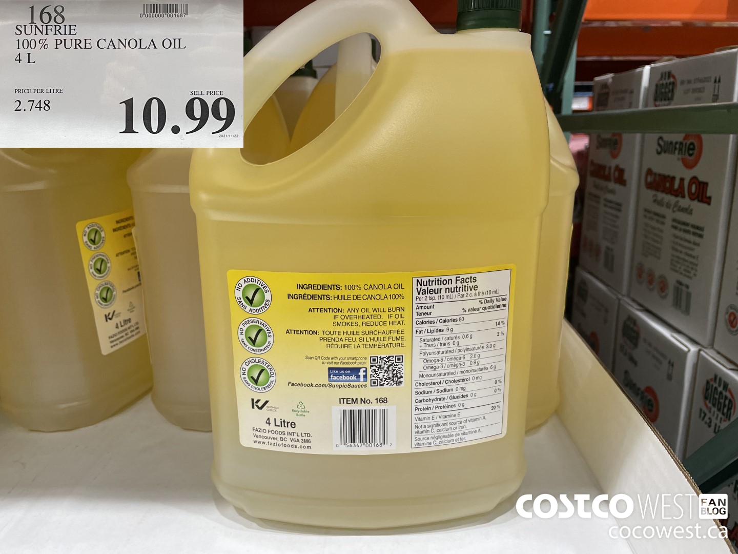 168 SUNFRIE 100% PURE CANOLA OIL 4L $10.99