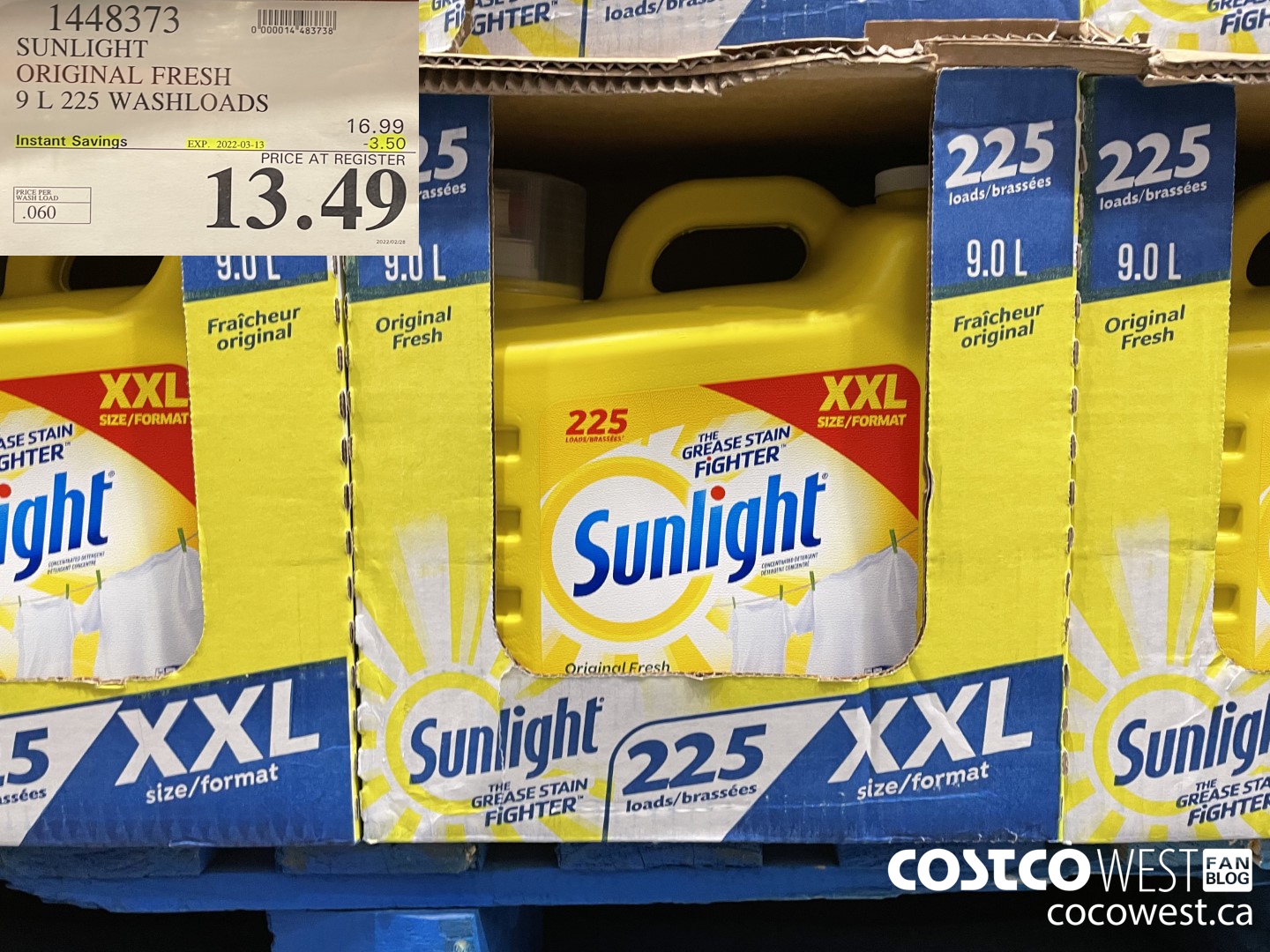 1448373 SUNLIGHT ORIGINAL FRESH 9 L 225 WASHLOADS ($3.50 INSTANT SAVINGS EXPIRES ON 2022-03-13) $13.49