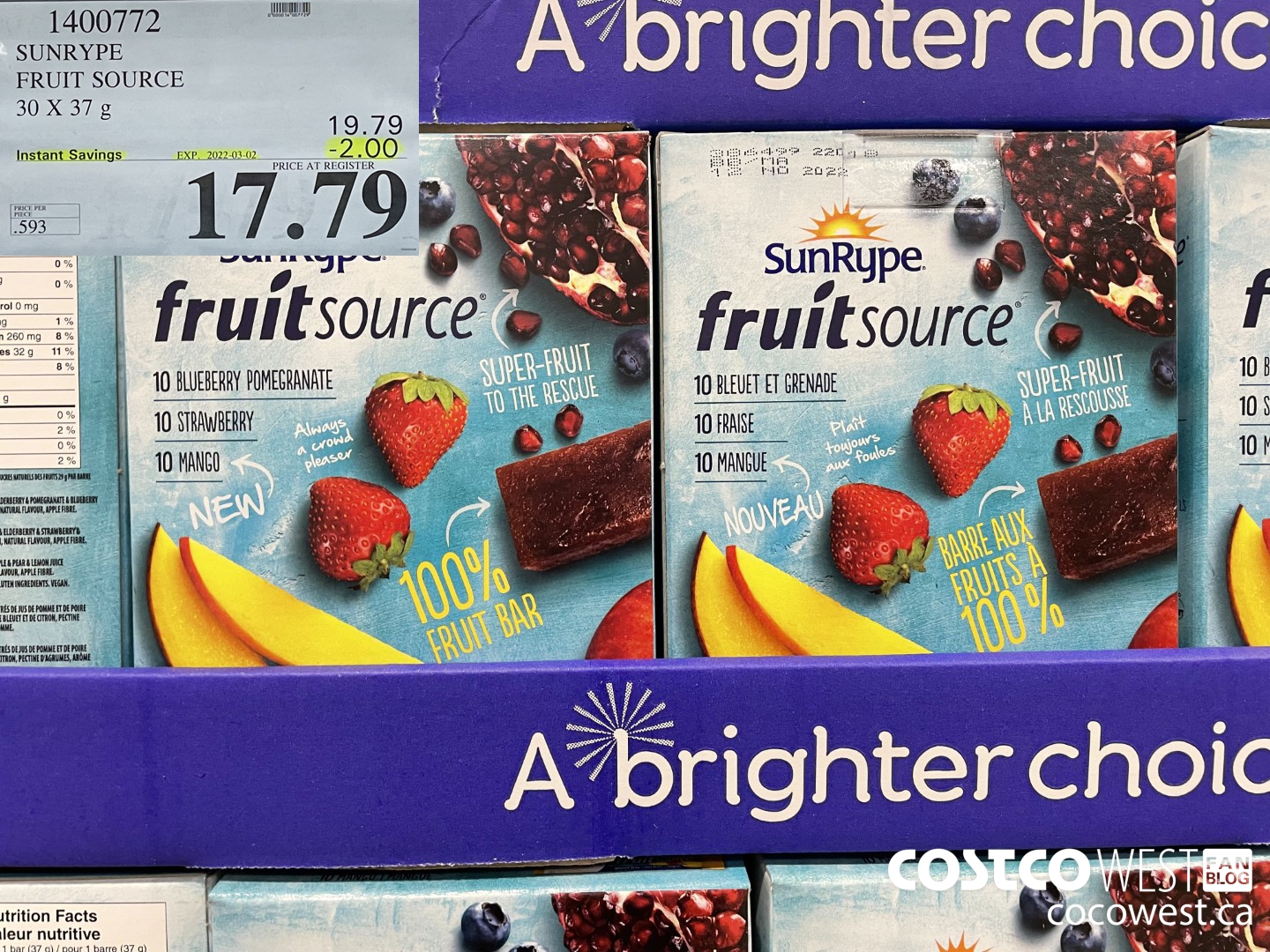 1400772 SUNRYPE FRUIT SOURCE 30 X 37 G ($2.00 INSTANT SAVINGS EXPIRES ON 2022-03-02) $17.79