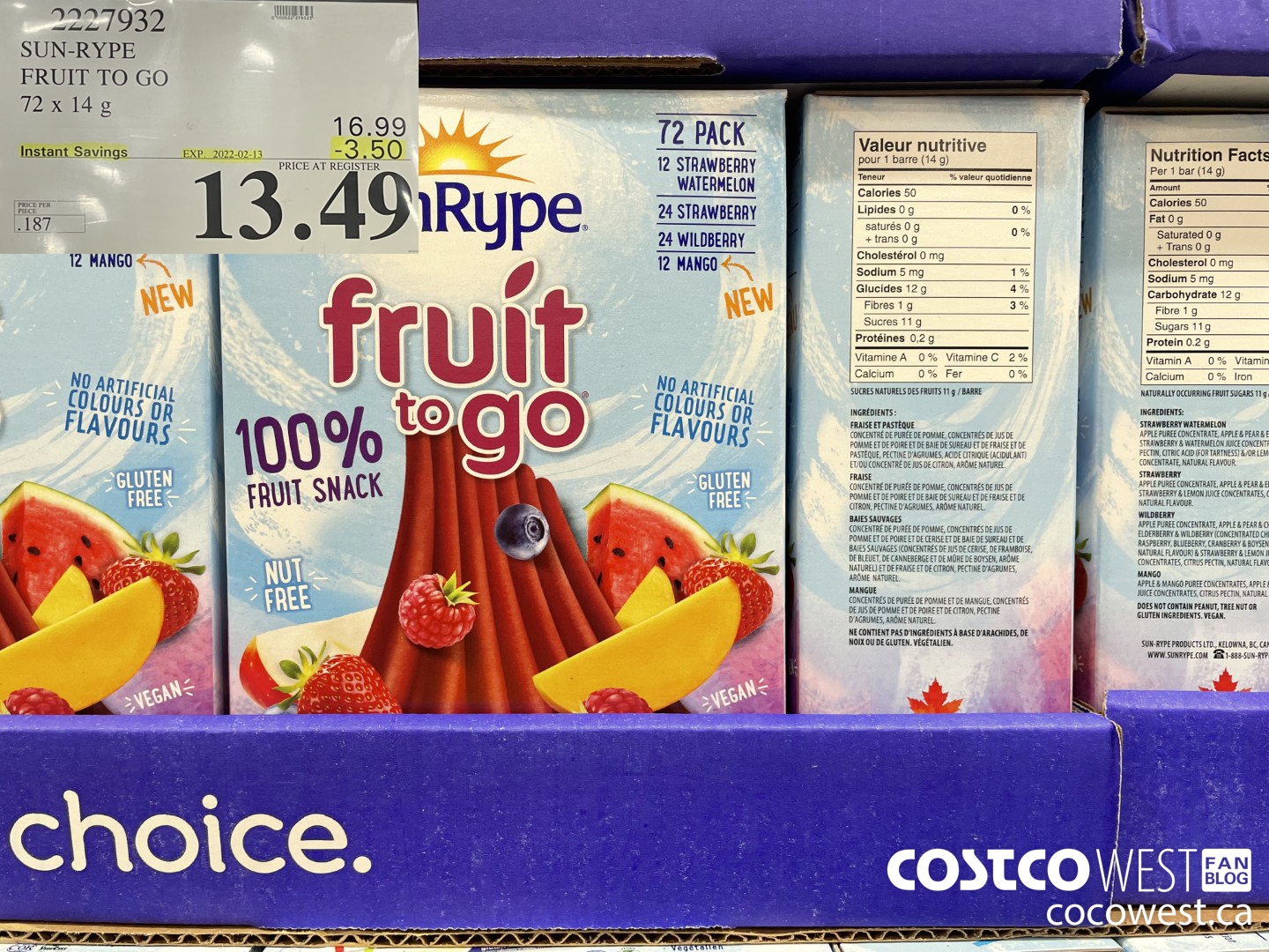2227932 SUN-RYPE FRUIT TO GO 72 x 14g ($3.50 INSTANT SAVINGS EXPIRES ON 2022-02-13) $13.49