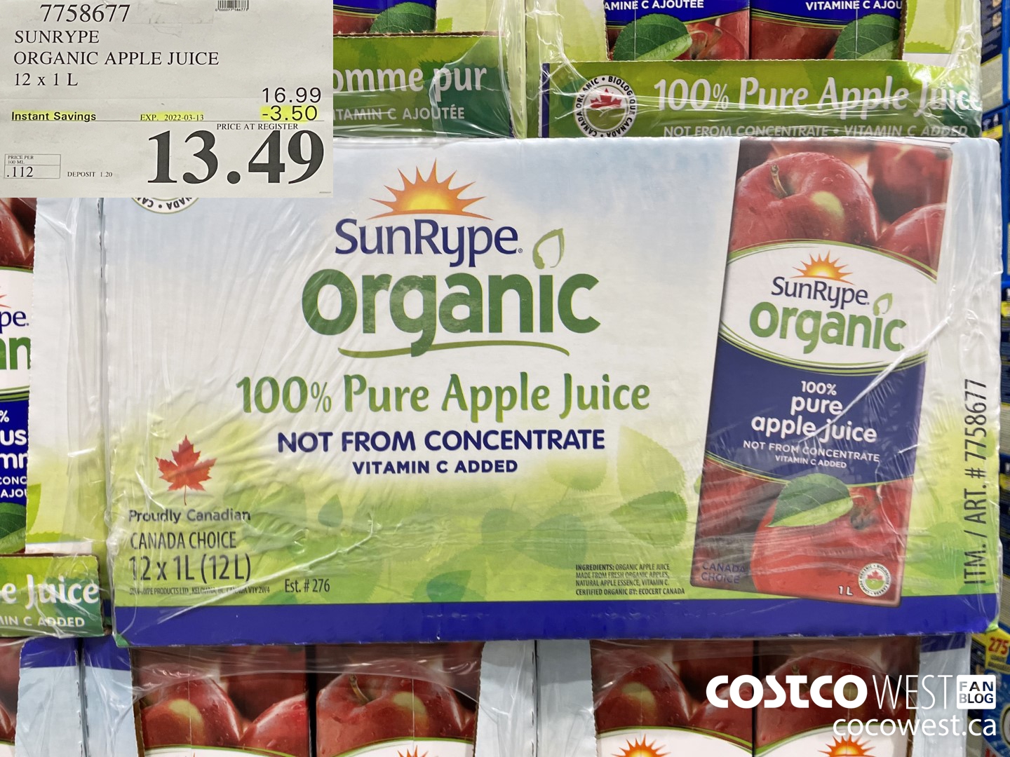 7758677 SUNRYPE ORGANIC APPLE JUICE 12 x 1 L ($3.50 INSTANT SAVINGS EXPIRES ON 2022-03-13) $13.49