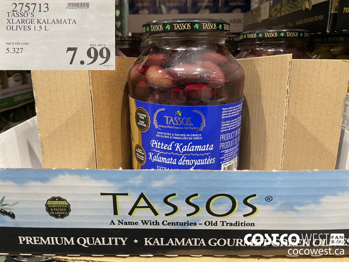 275713 TASSO'S XLARGE KALAMATA OLIVES 1.5 L $7.99