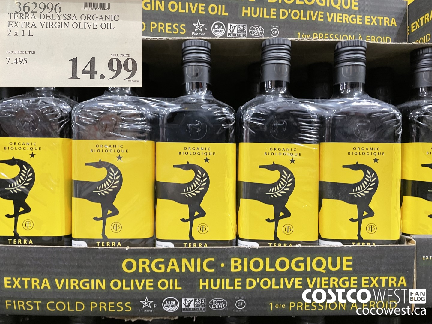 362996 TERRA DELYSSA ORGANIC EXTRA VIRGIN OLIVE OIL 2 x 1 L $14.99