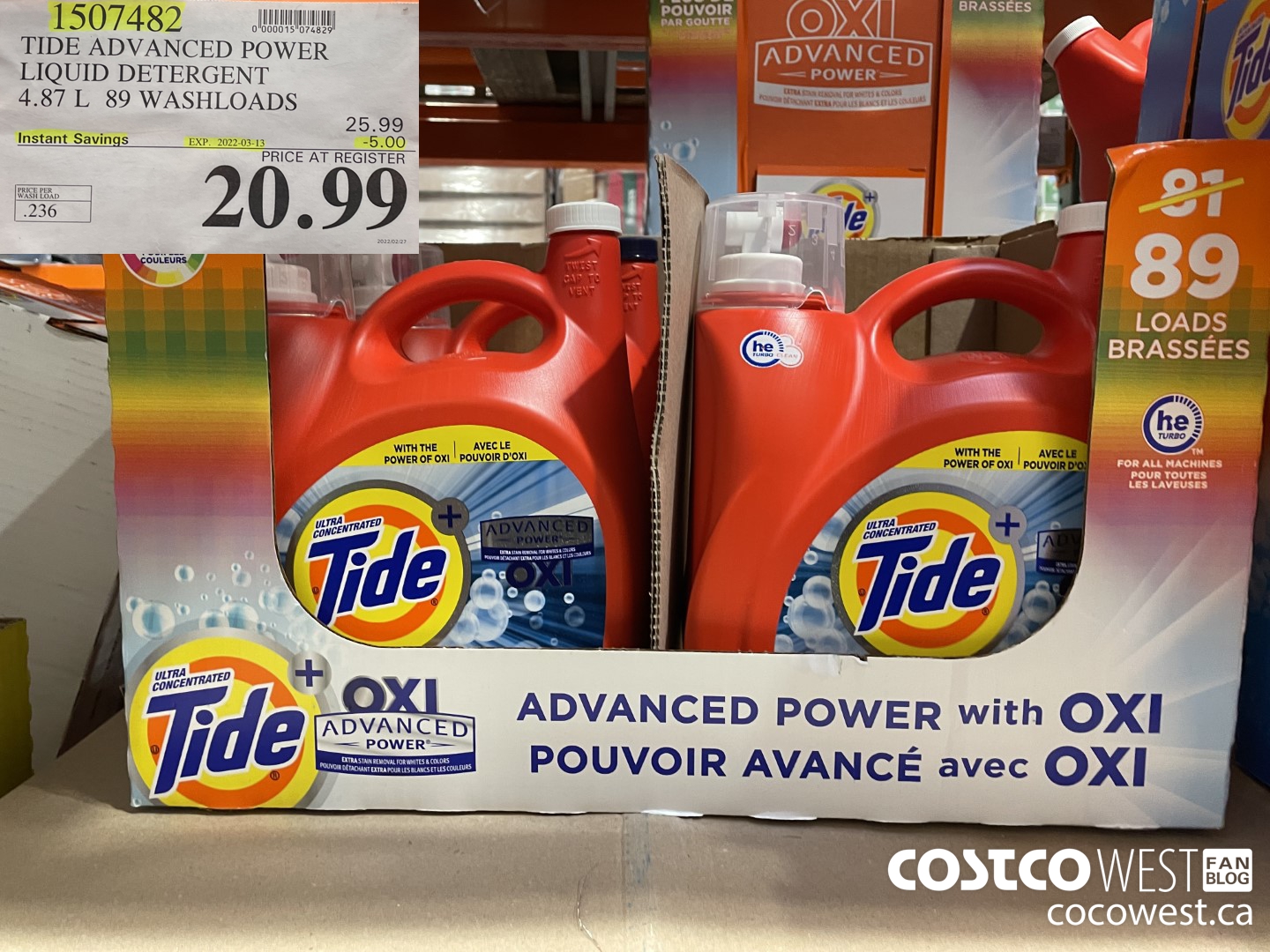 1507482 TIDE ADVANCED POWER LIQUID DETERGENT 4.87 L 89 WASHLOADS ($5.00 INSTANT SAVINGS EXPIRES ON 2022-03-13) $20.99