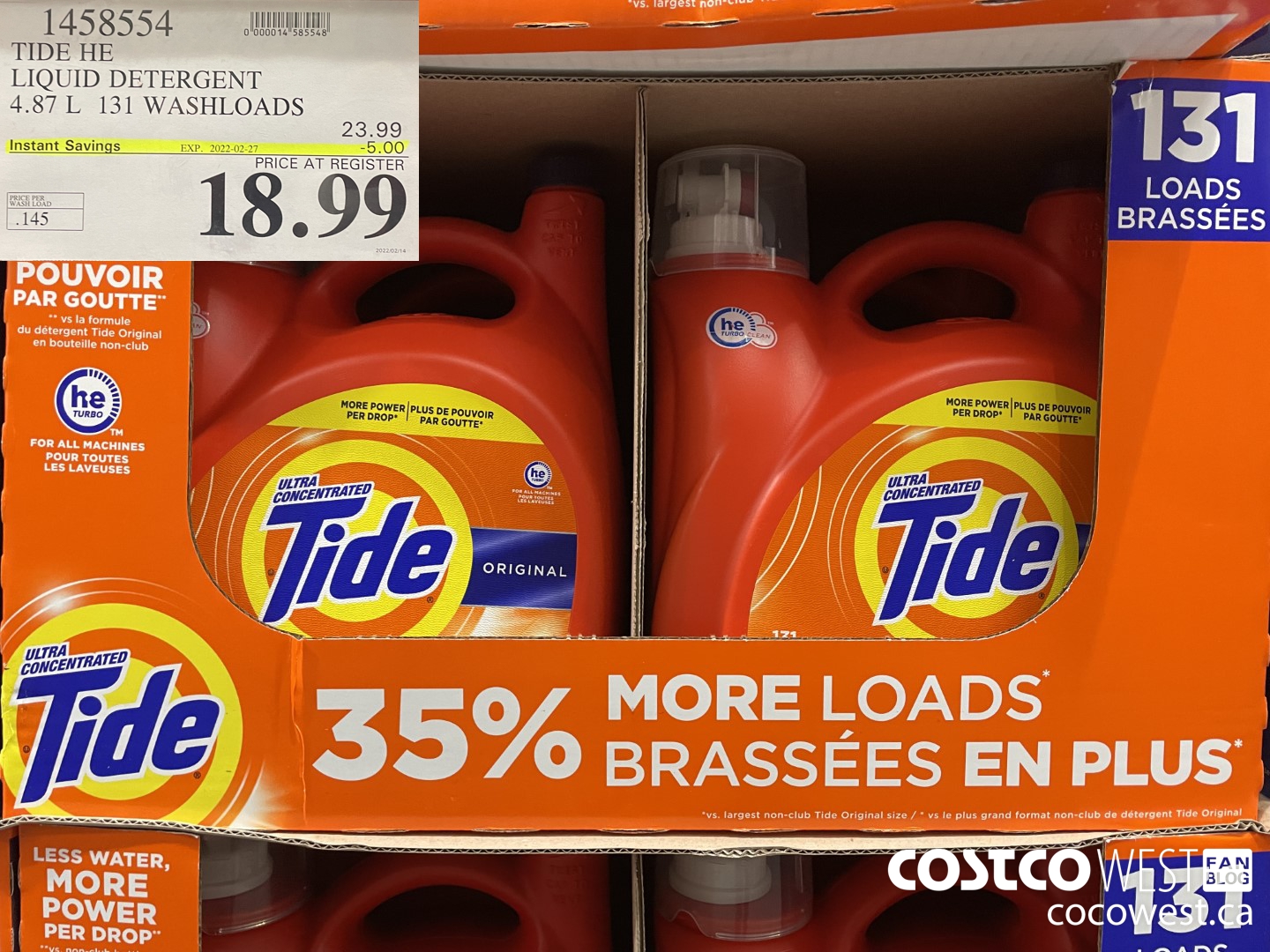 1458554 TIDE HE LIQUID DETERGENT 4.87 L 131 WASHLOADS ($5.00 INSTANT SAVINGS EXPIRES ON 2022-02-27) $18.99