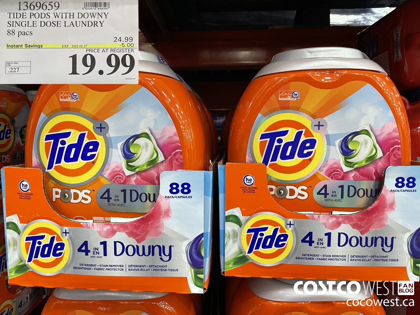 1369659 TIDE PODS WITH DOWNY SINGLE DOSE LAUNDRY 88 pacs ($5.00 INSTANT SAVINGS EXPIRES ON 2022-02-27) $19.99