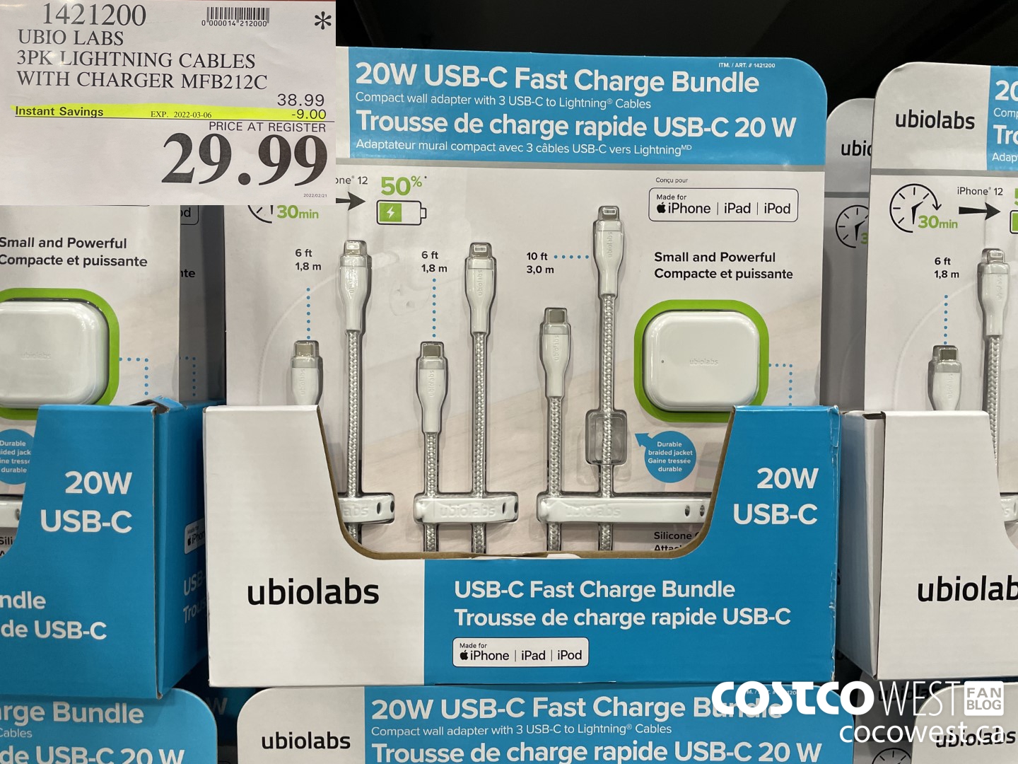 1421200 UBIO LABS 3PK LIGHTNING CABLES WITH CHARGER MFB212C ($9.00 INSTANT SAVINGS EXPIRES ON 2022-03-06) $29.99