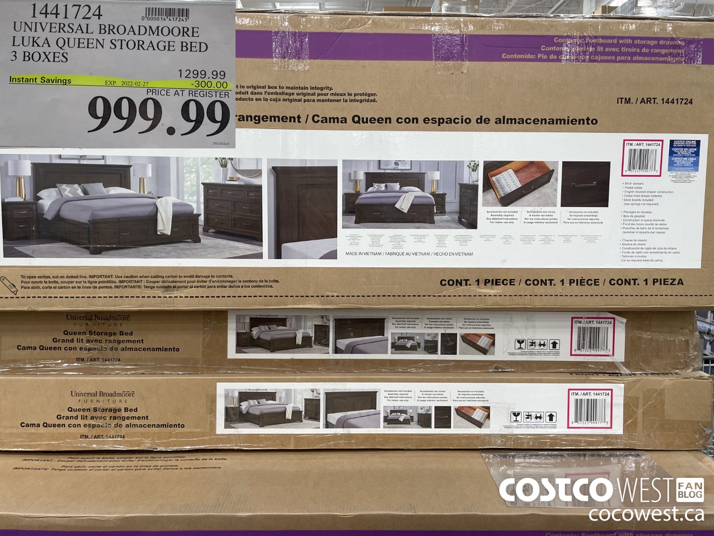 1441724 UNIVERSAL BROADMOORE LUKA QUEEN STORAGE BED 3 BOXES  ($300.00 INSTANT SAVINGS EXPIRES ON 2022-02-27) $999.99