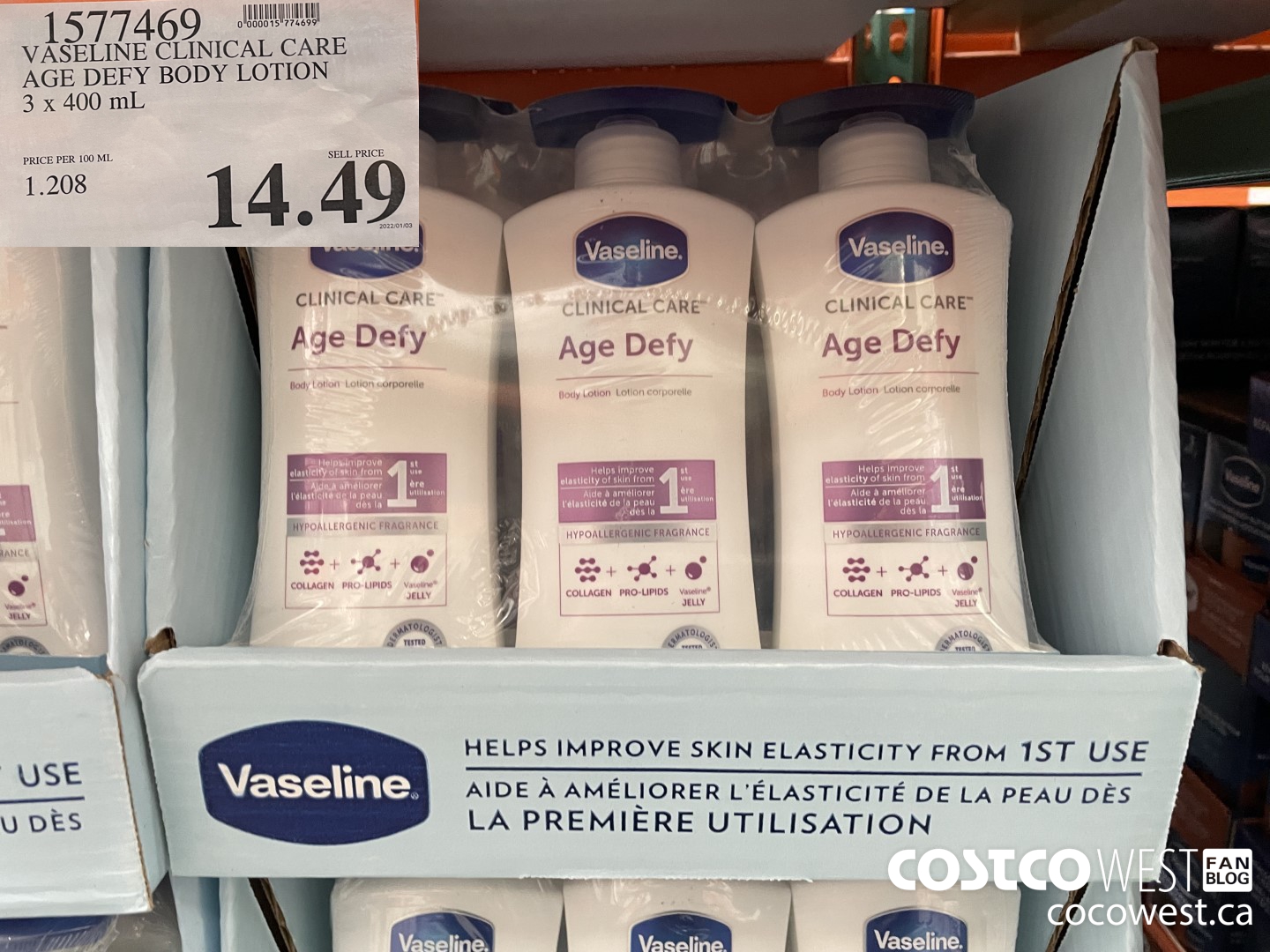 1577469 VASELINE CLINICAL CARE AGE DEFY BODY LOTION 3 x 400 mL $14.49