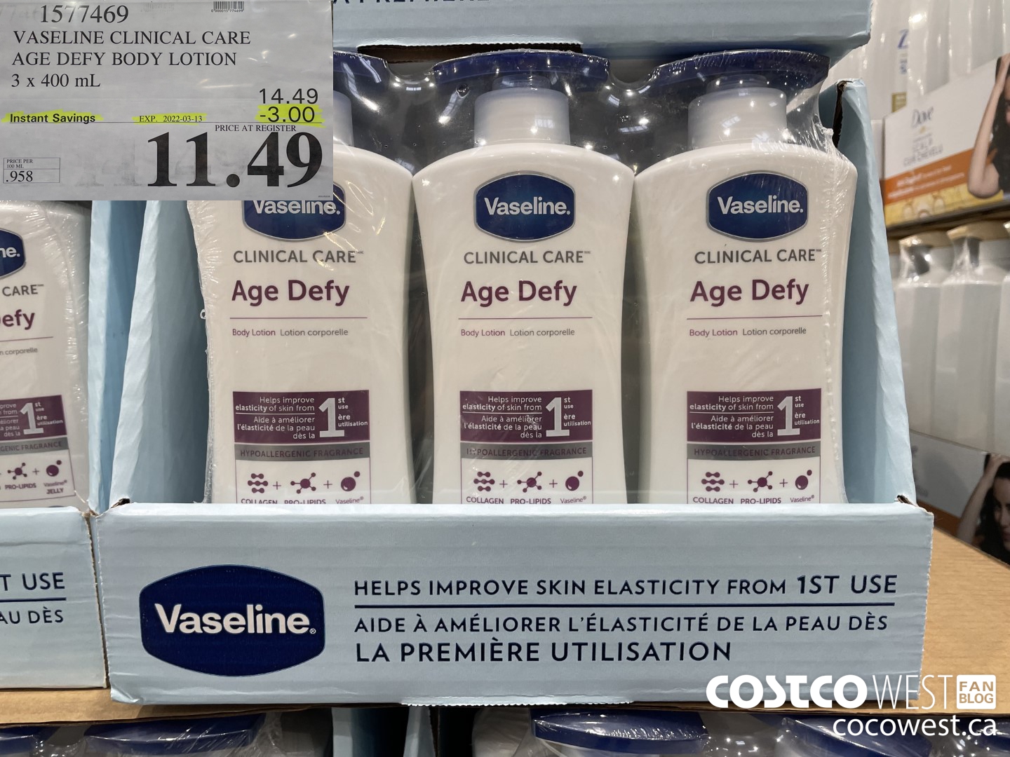 1577469 VASELINE CLINICAL CARE AGE DEFY BODY LOTION 3 x 400 mL ($3.00 INSTANT SAVINGS EXPIRES ON 2022-03-13) $11.49